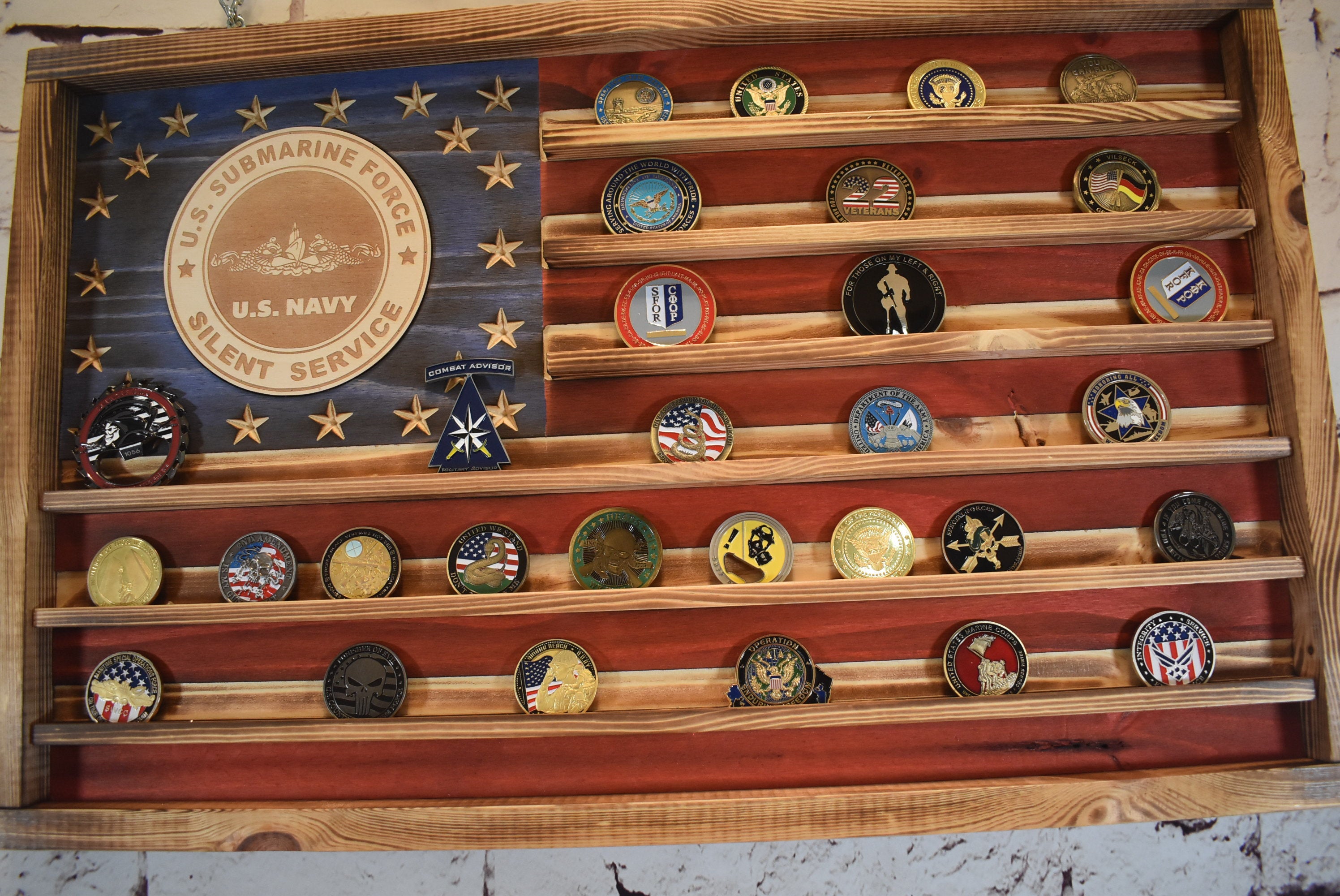 US Navy Silent Service Challenge Coin Display Rack Holder - Rustic Silent Service American Flag - Military Coin Display