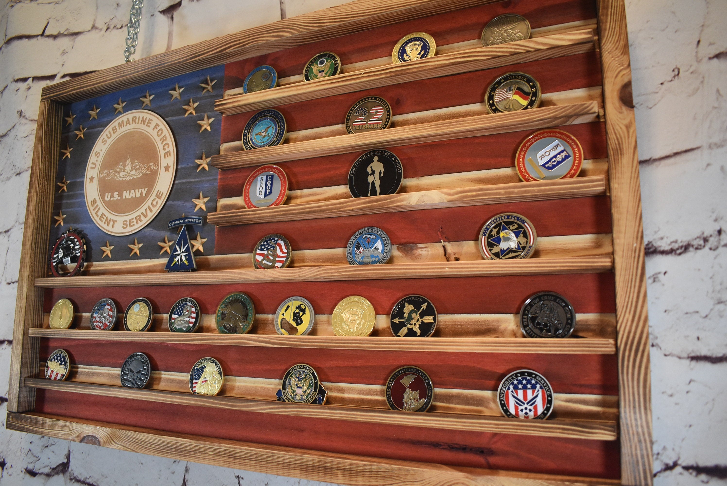 US Navy Silent Service Challenge Coin Display Rack Holder - Rustic Silent Service American Flag - Military Coin Display