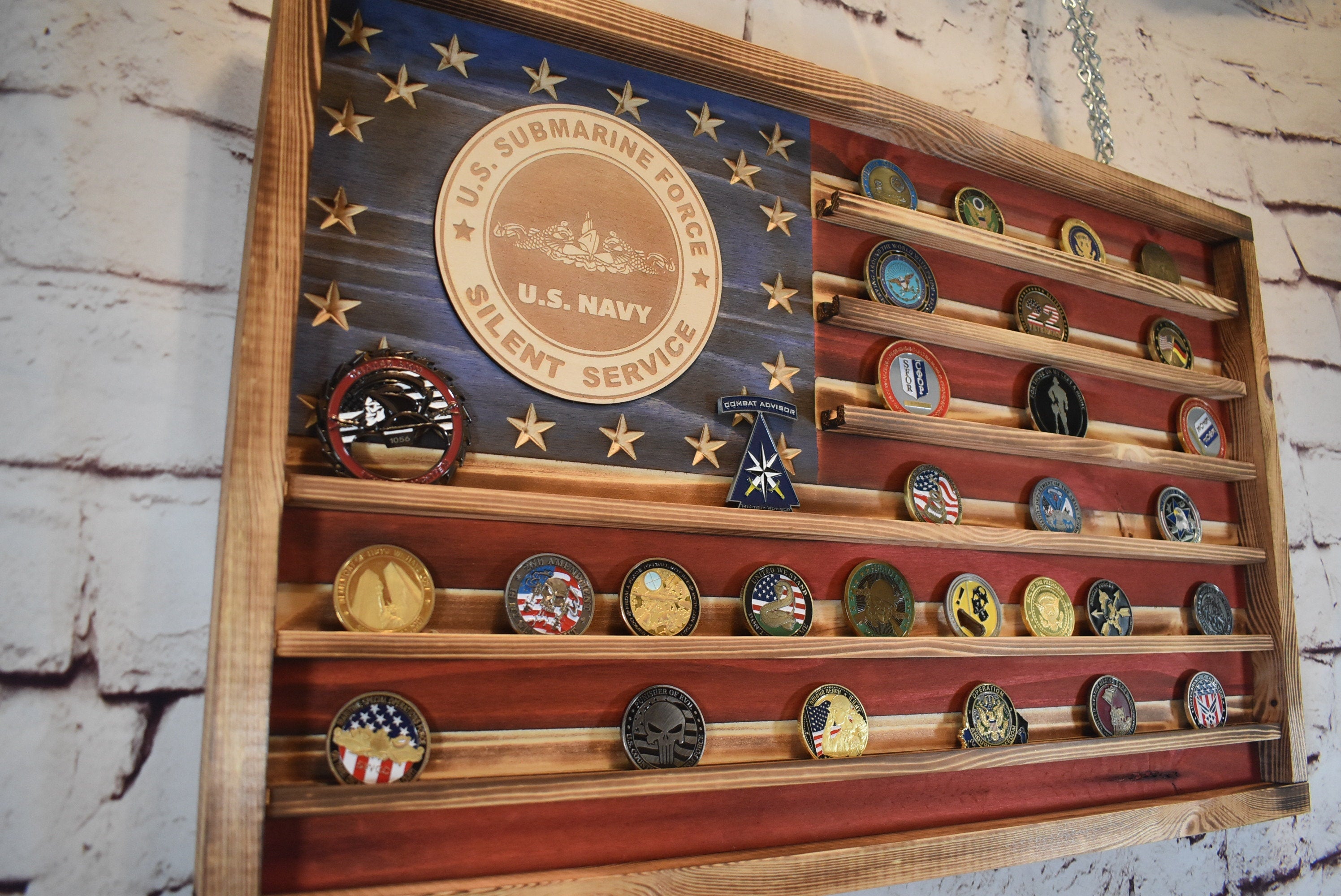 US Navy Silent Service Challenge Coin Display Rack Holder - Rustic Silent Service American Flag - Military Coin Display