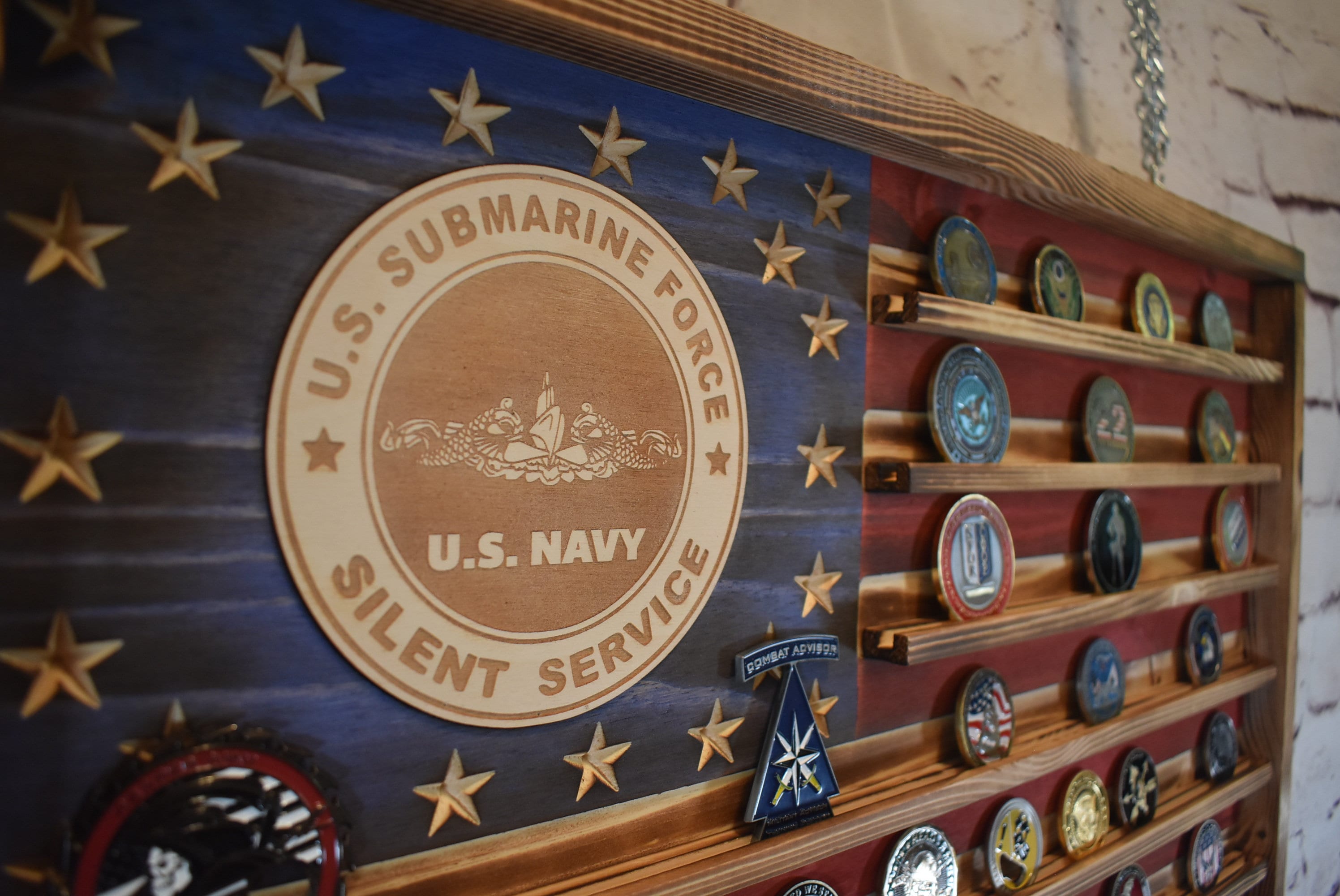 US Navy Silent Service Challenge Coin Display Rack Holder - Rustic Silent Service American Flag - Military Coin Display