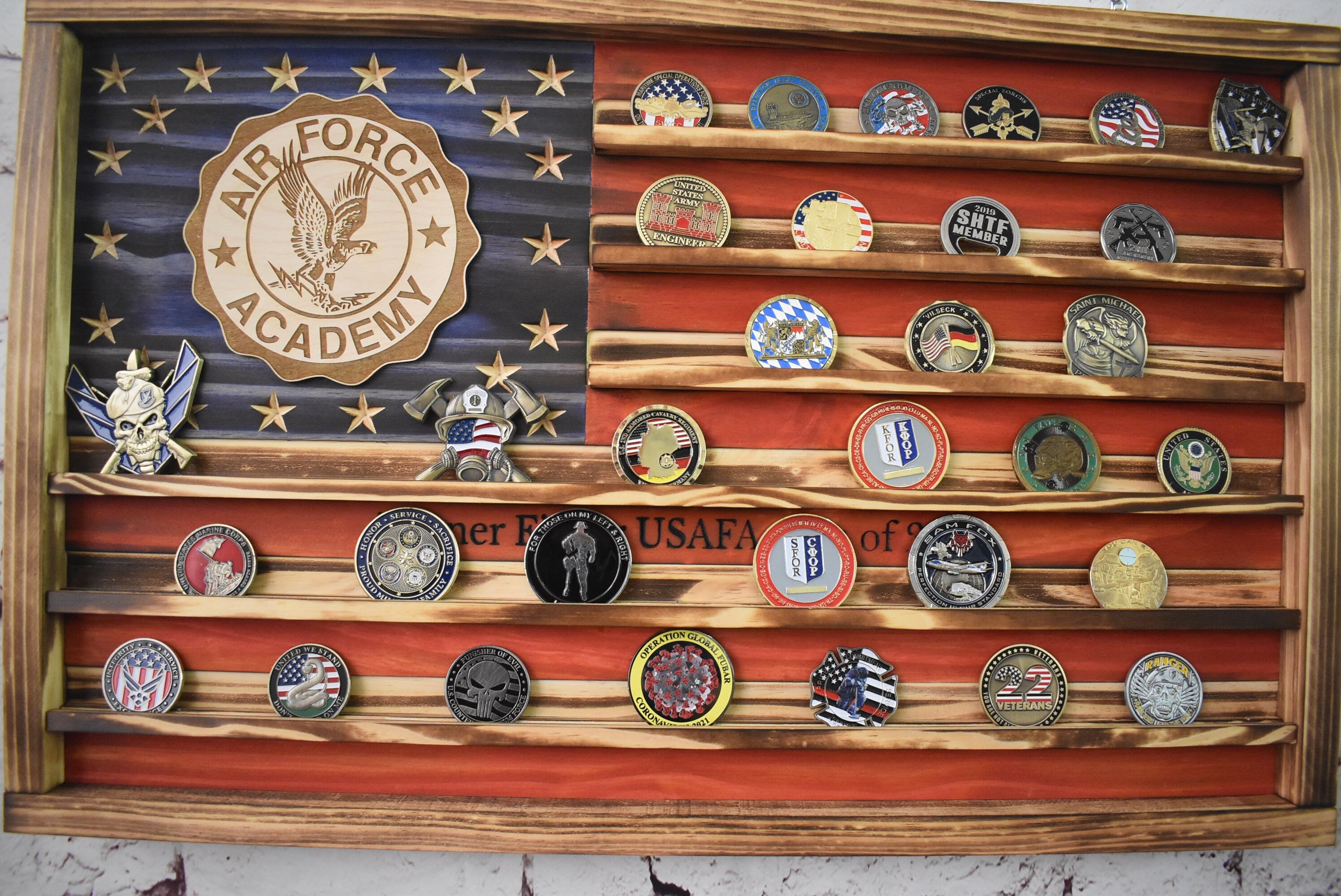 US Air Force Academy Challenge Coin Display Rack Holder - Rustic American Flag - USAF School Military Coin Display