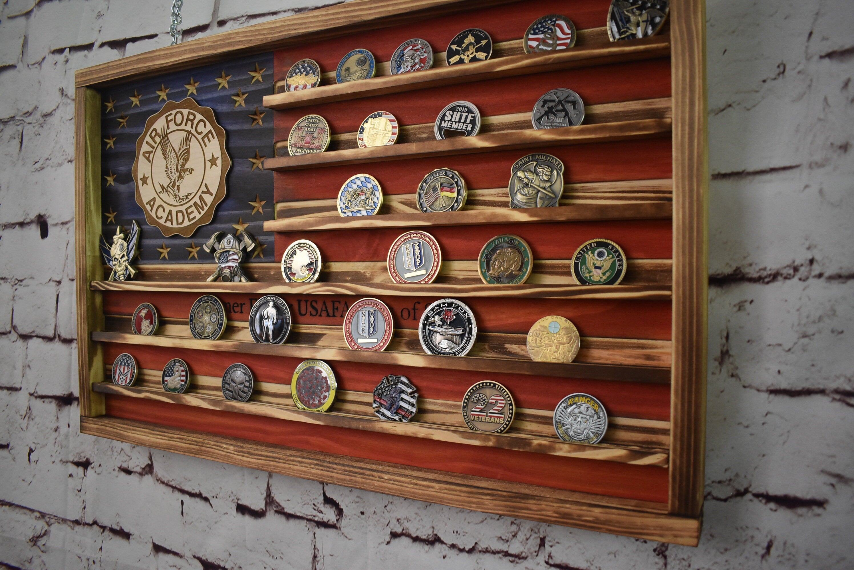 US Air Force Academy Challenge Coin Display Rack Holder - Rustic American Flag - USAF School Military Coin Display