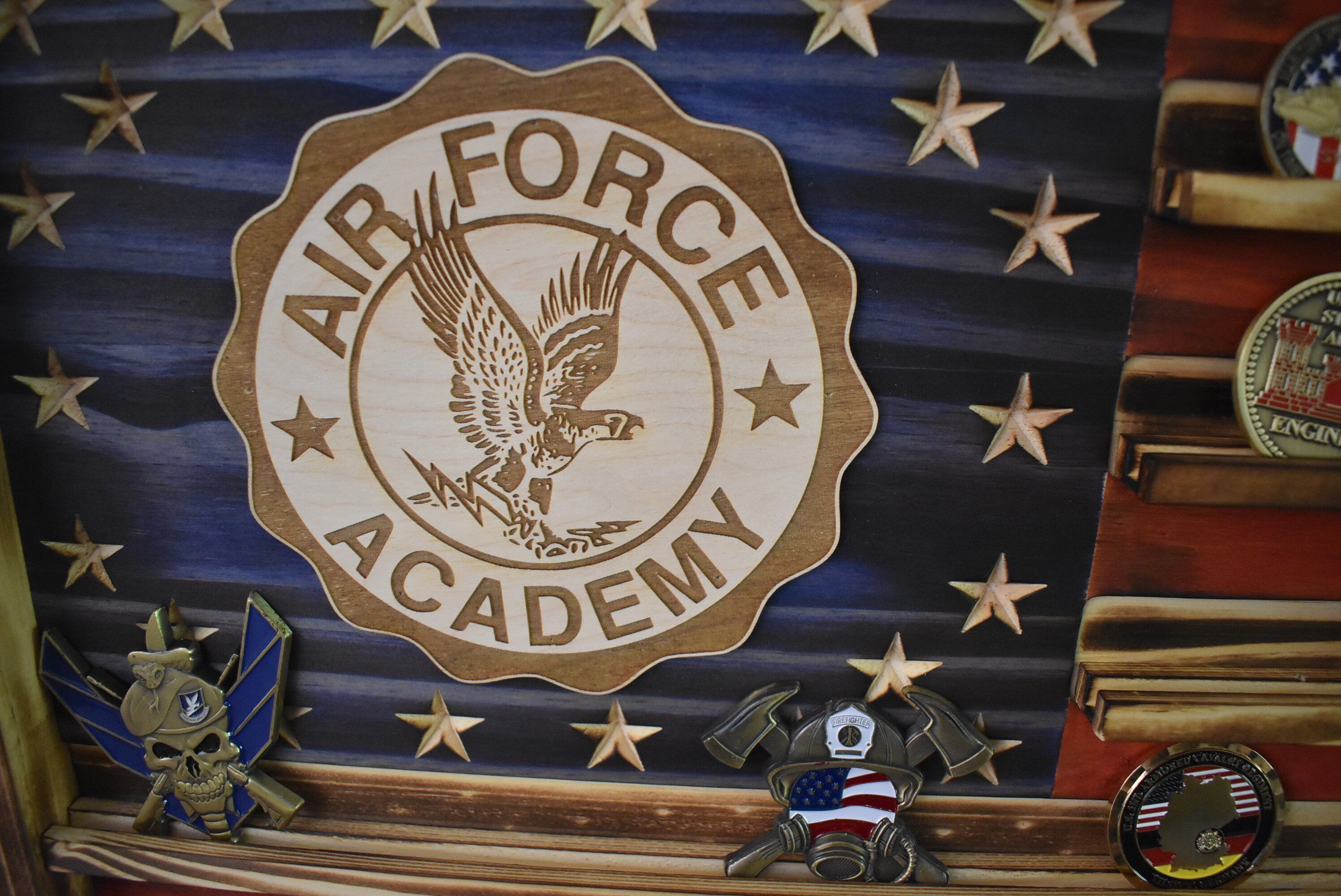 US Air Force Academy Challenge Coin Display Rack Holder - Rustic American Flag - USAF School Military Coin Display