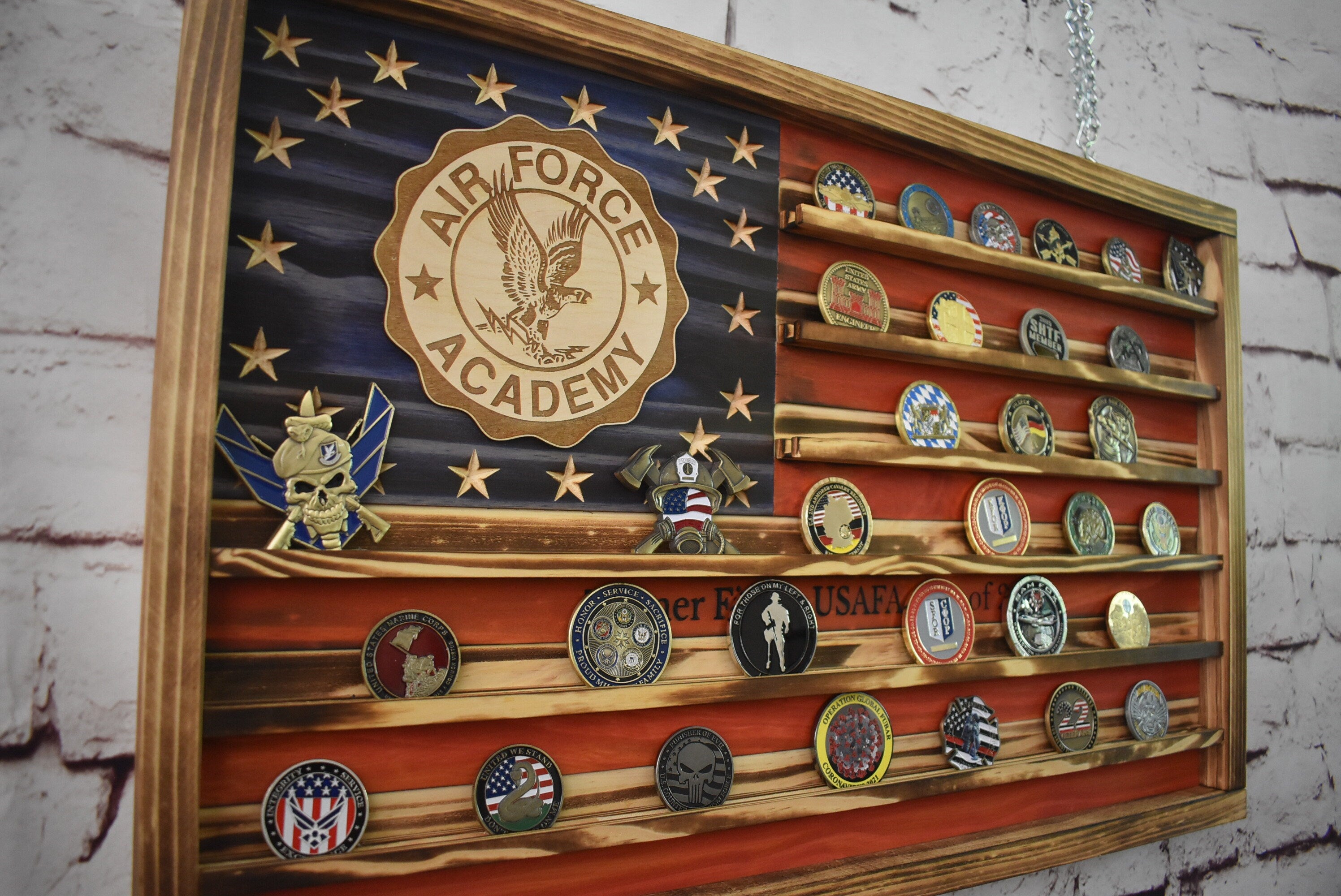 US Air Force Academy Challenge Coin Display Rack Holder - Rustic American Flag - USAF School Military Coin Display