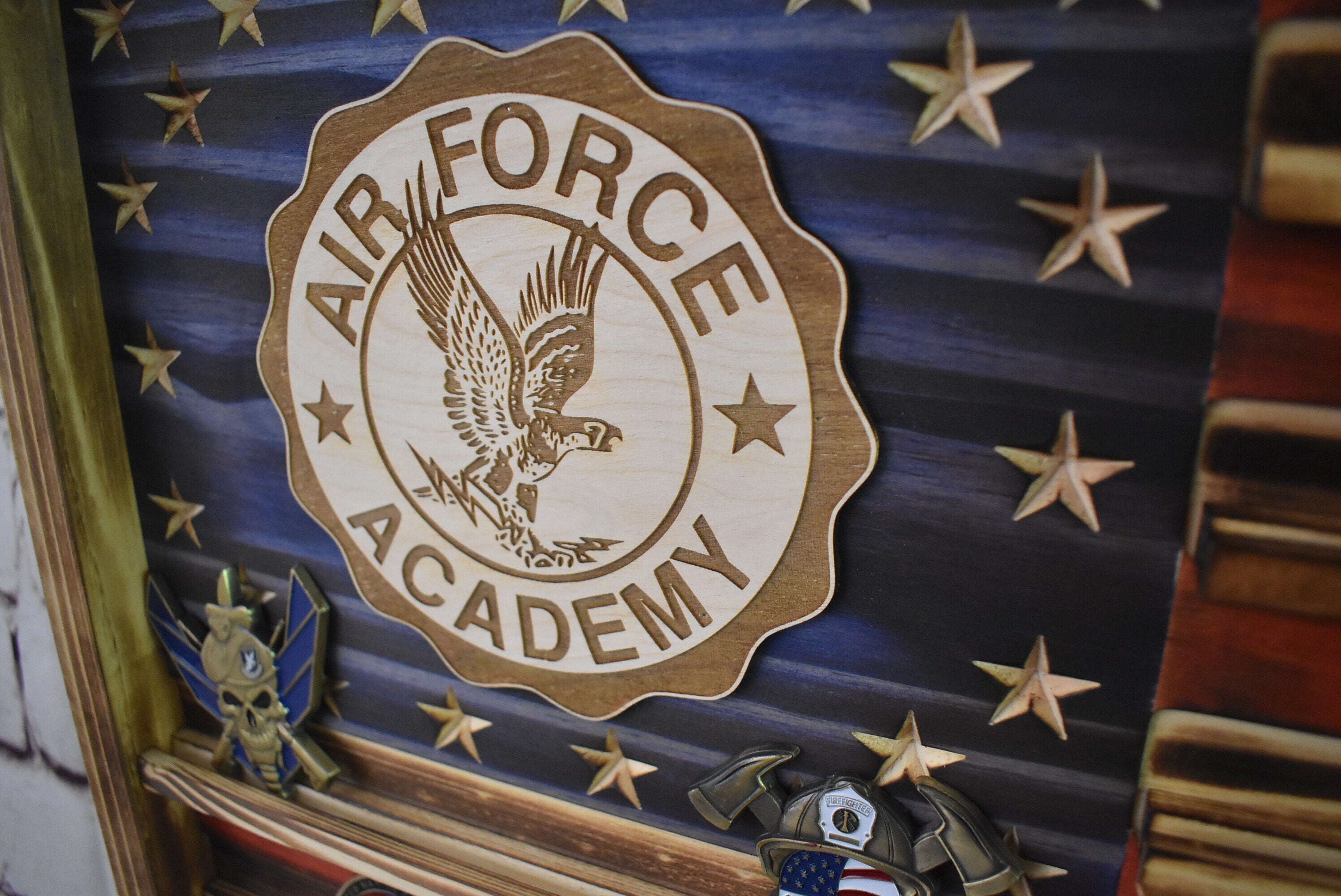 US Air Force Academy Challenge Coin Display Rack Holder - Rustic American Flag - USAF School Military Coin Display