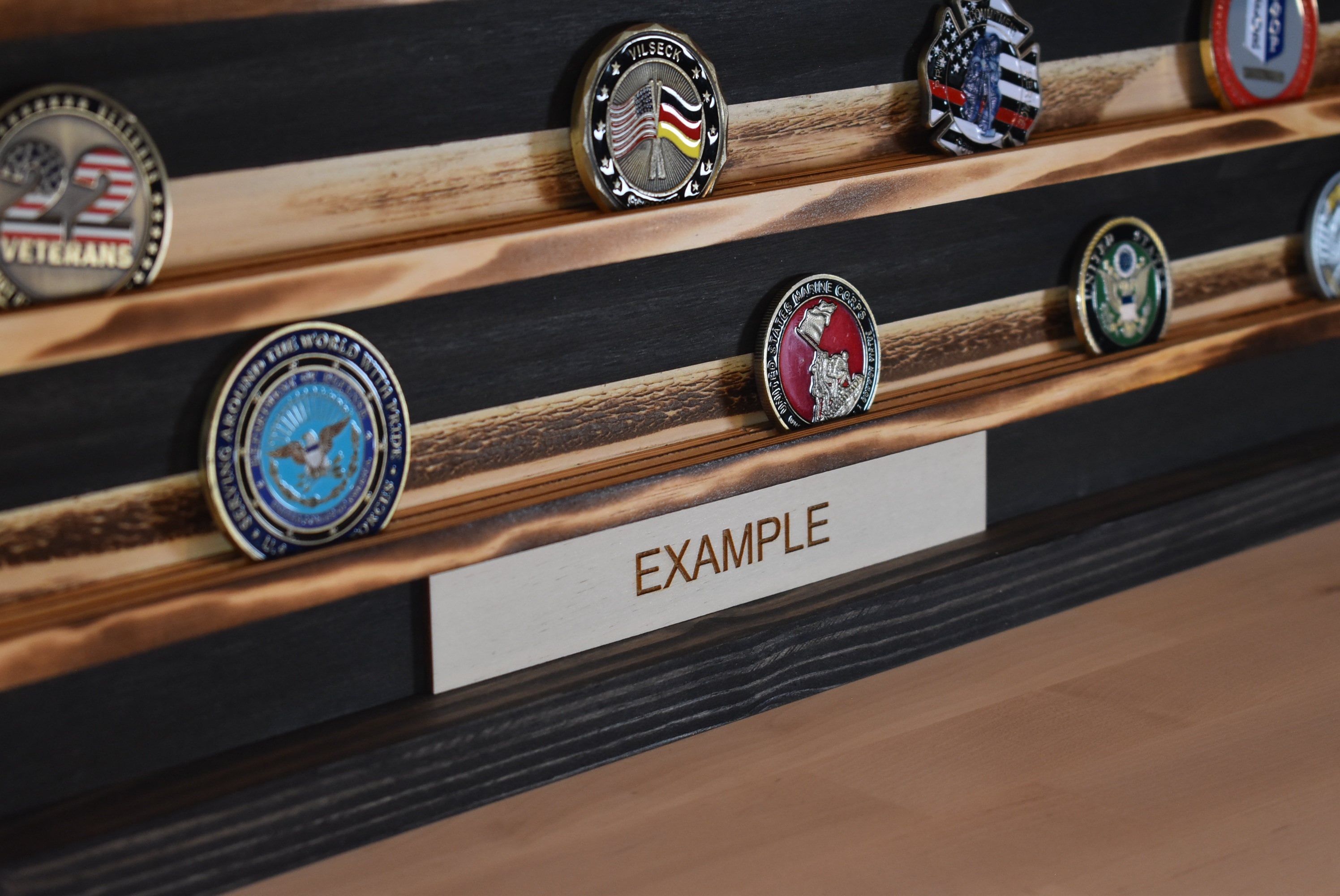 US Air Force Chief Master Sergeant Challenge Coin Display Rack Holder - Rustic American Flag - USAF CMSGT Military Coin Display