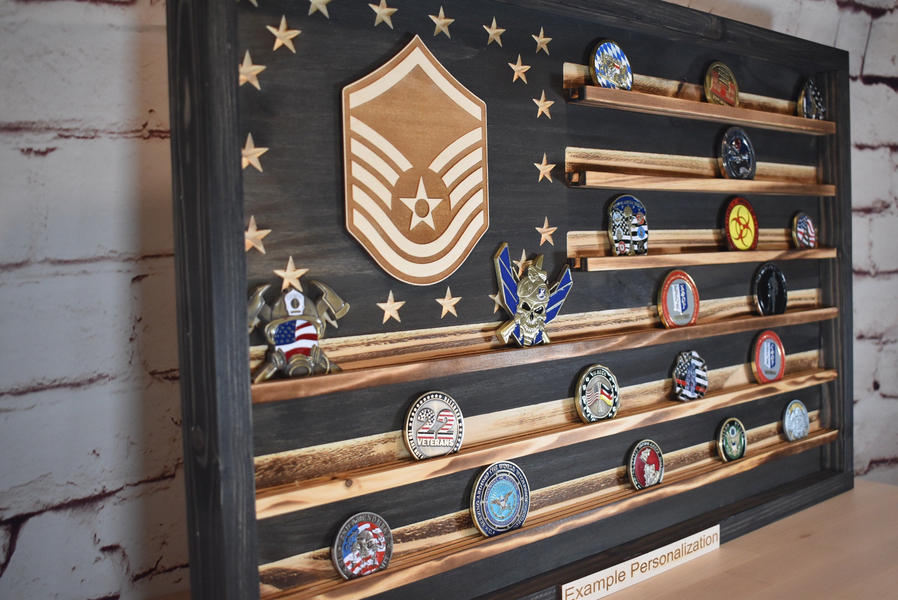 US Air Force Ranks Challenge Coin Display Rack Holder - Rustic American Flag -  TSgt, SMSgt, MSgt