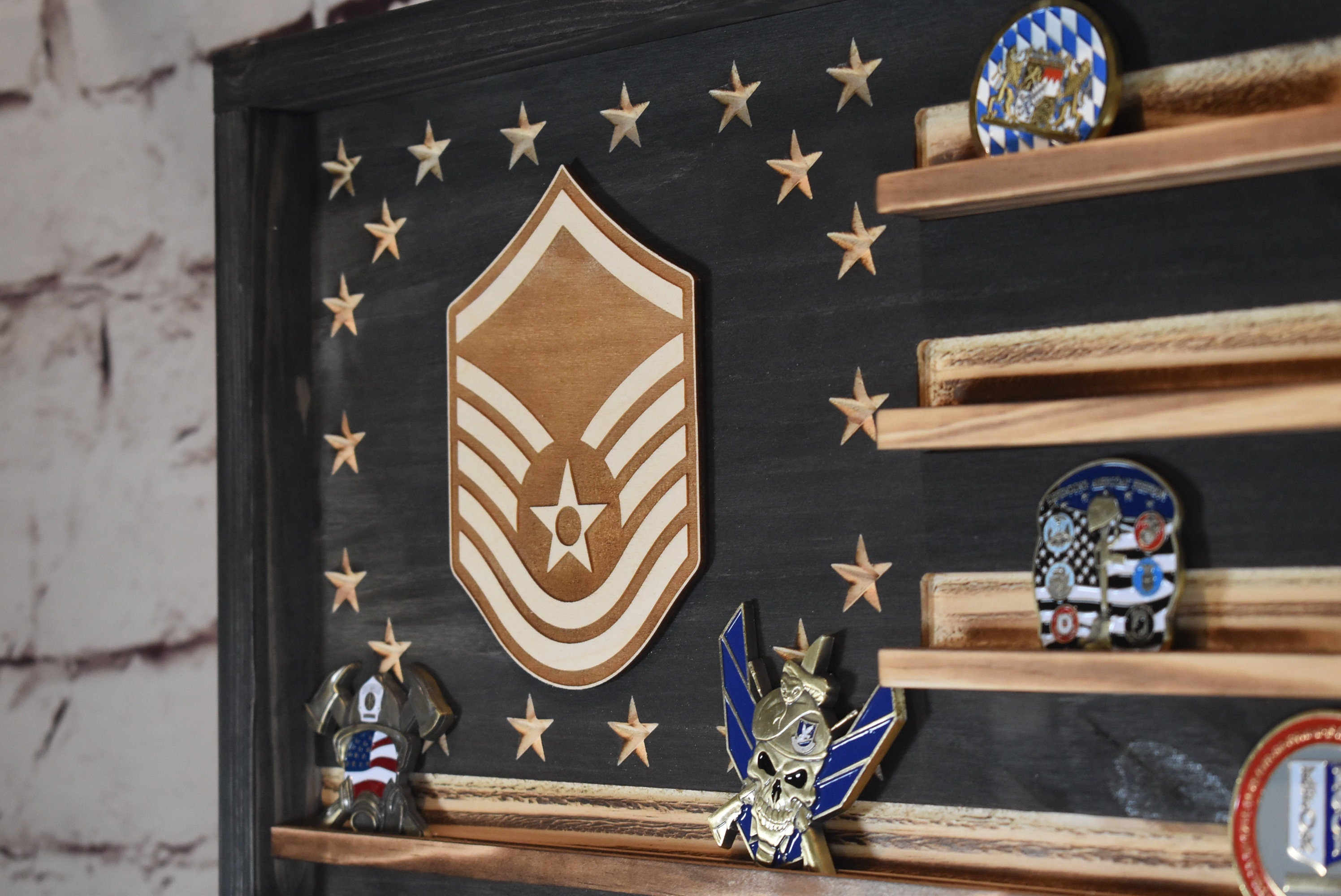 US Air Force Ranks CMSgt E-9 Challenge Coin Display Rack Holder - Rustic American Flag -  TSgt, SMSgt, MSgt