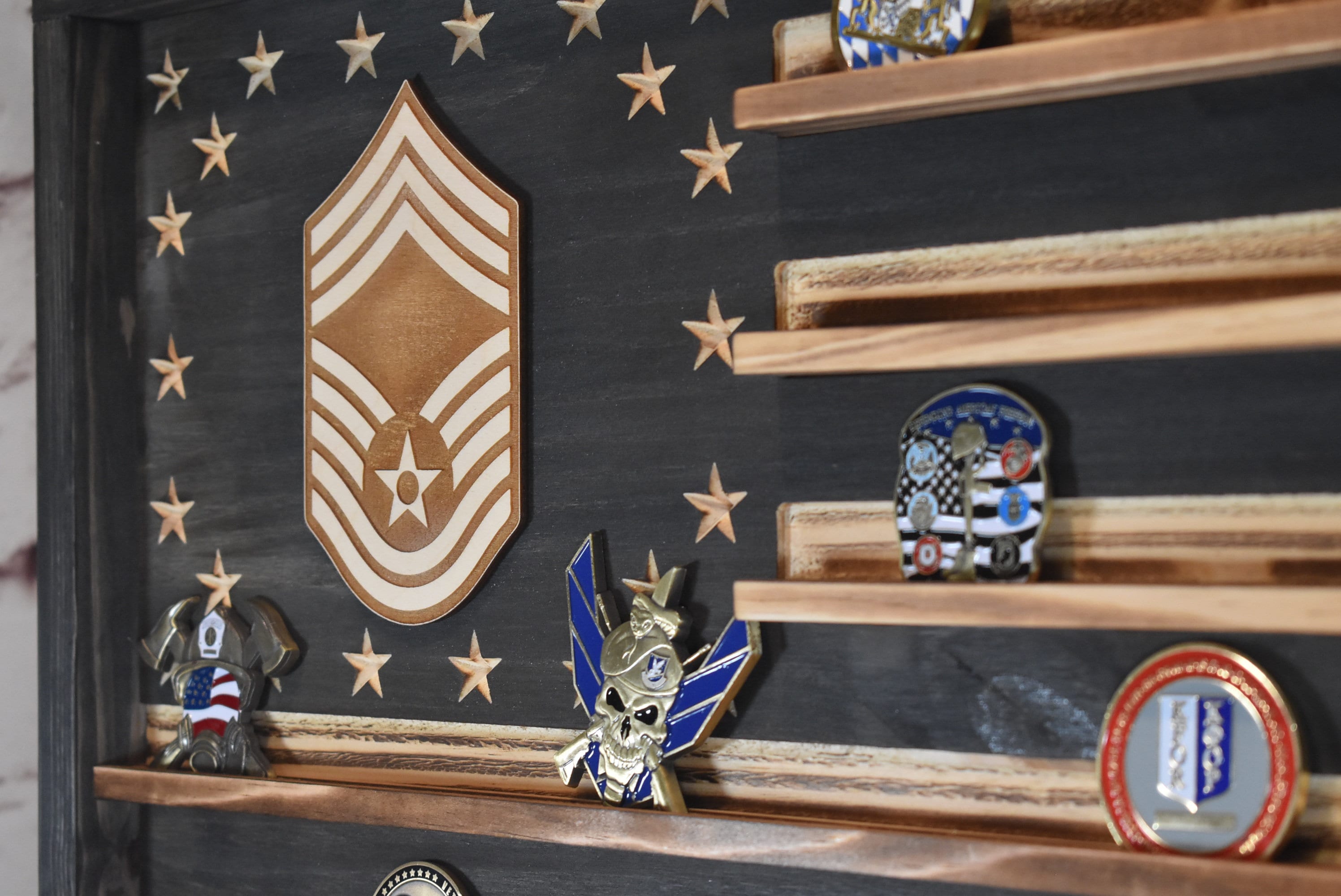 US Air Force Ranks Challenge Coin Display Rack Holder - Rustic American Flag -  TSgt, SMSgt, MSgt