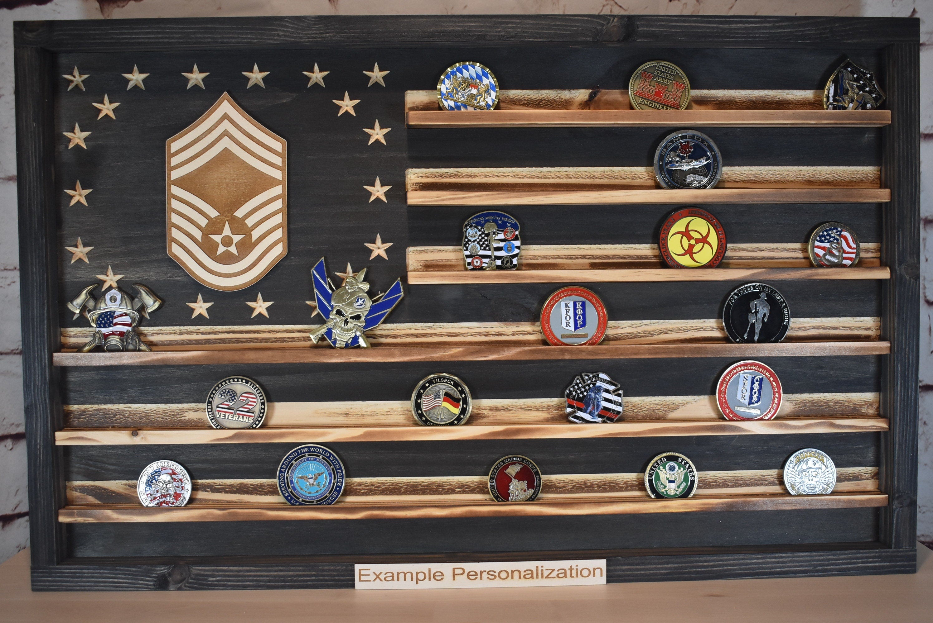 US Air Force Ranks CMSgt E-9 Challenge Coin Display Rack Holder - Rustic American Flag -  TSgt, SMSgt, MSgt