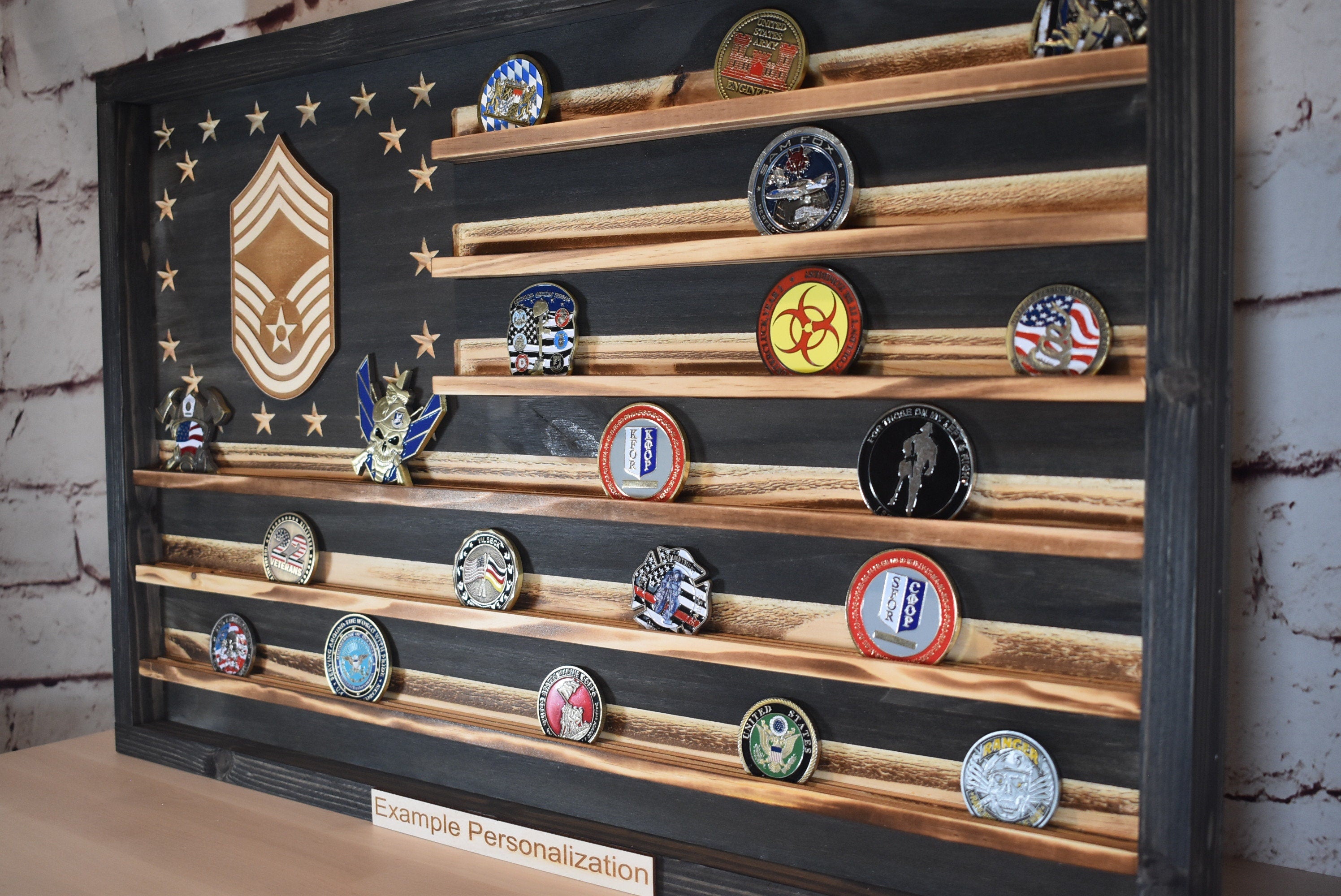 US Air Force Ranks CMSgt E-9 Challenge Coin Display Rack Holder - Rustic American Flag -  TSgt, SMSgt, MSgt