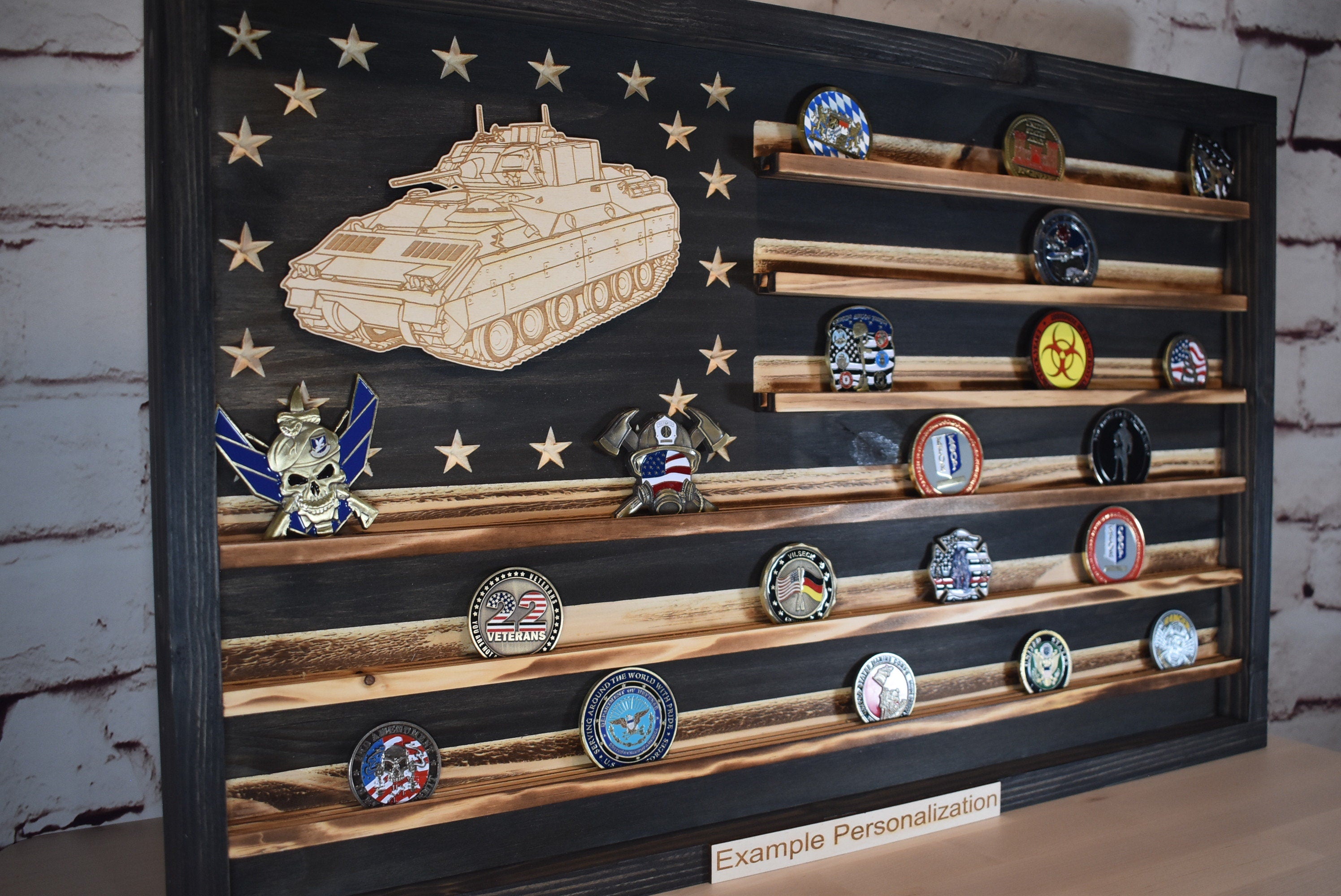 US Army Bradley BFV Challenge Coin Display Rack Holder - Rustic Army American Flag - Bradley Fighting Vehicle