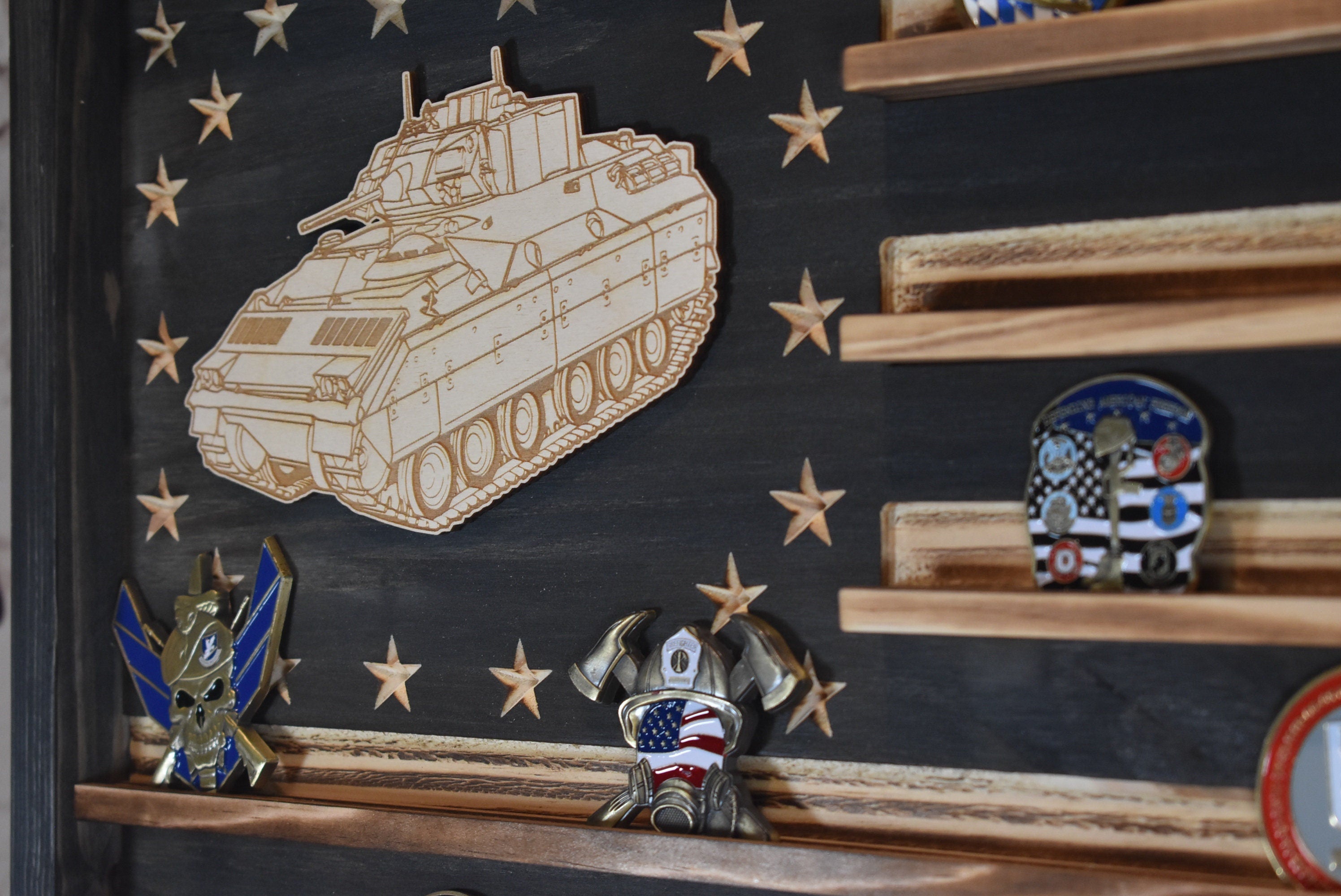US Army Bradley BFV Challenge Coin Display Rack Holder - Rustic Army American Flag - Bradley Fighting Vehicle