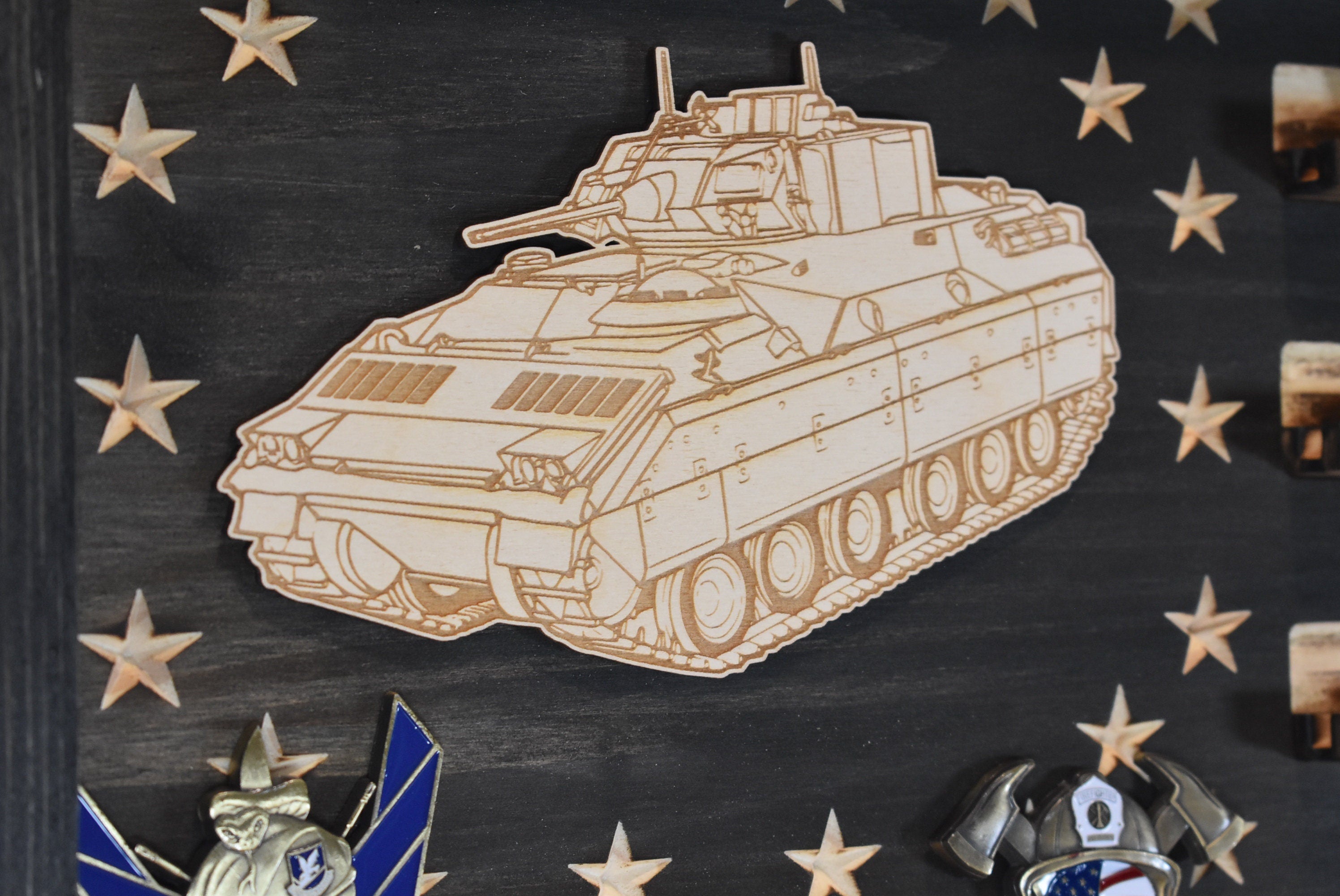 US Army Bradley BFV Challenge Coin Display Rack Holder - Rustic Army American Flag - Bradley Fighting Vehicle