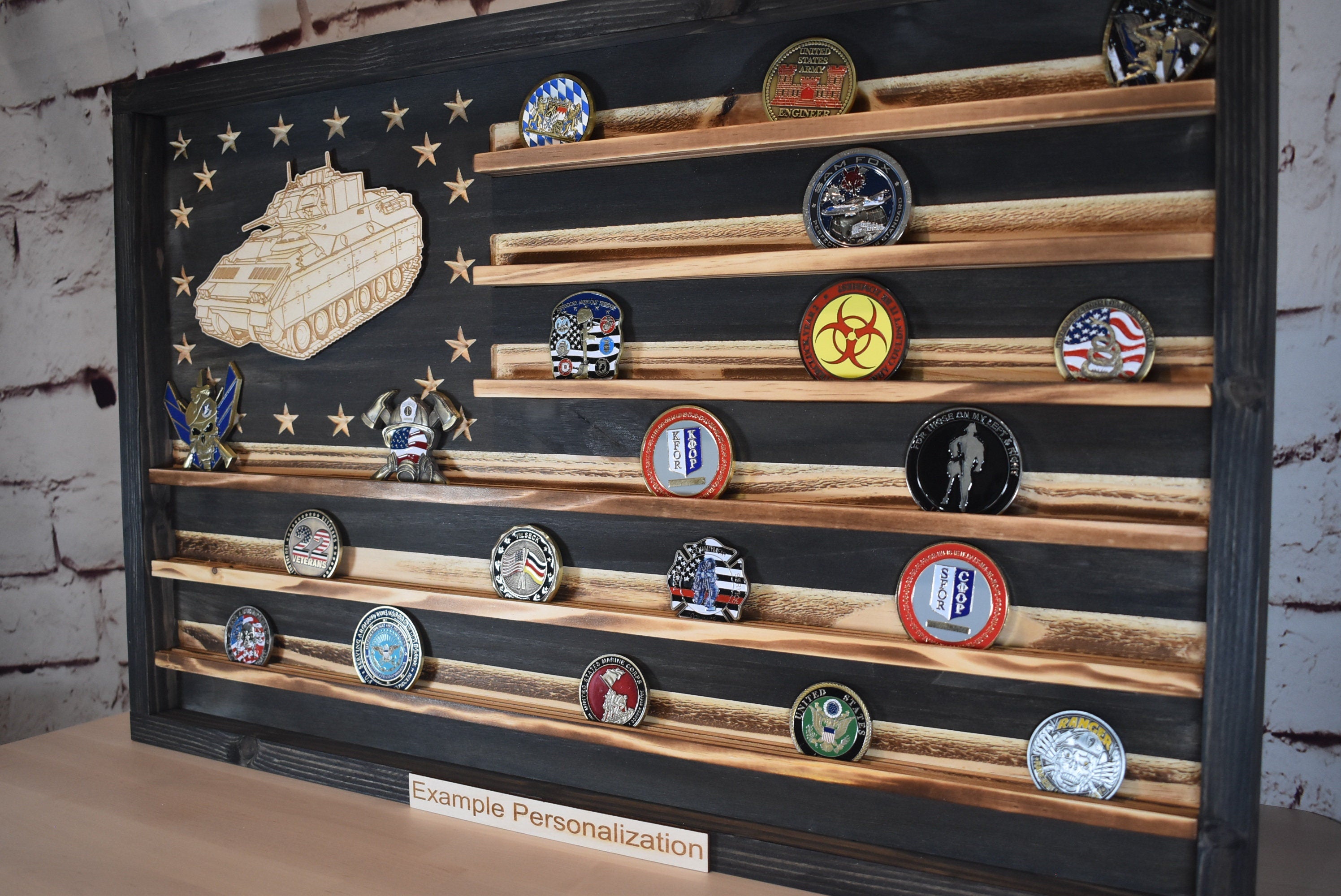 US Army Bradley BFV Challenge Coin Display Rack Holder - Rustic Army American Flag - Bradley Fighting Vehicle