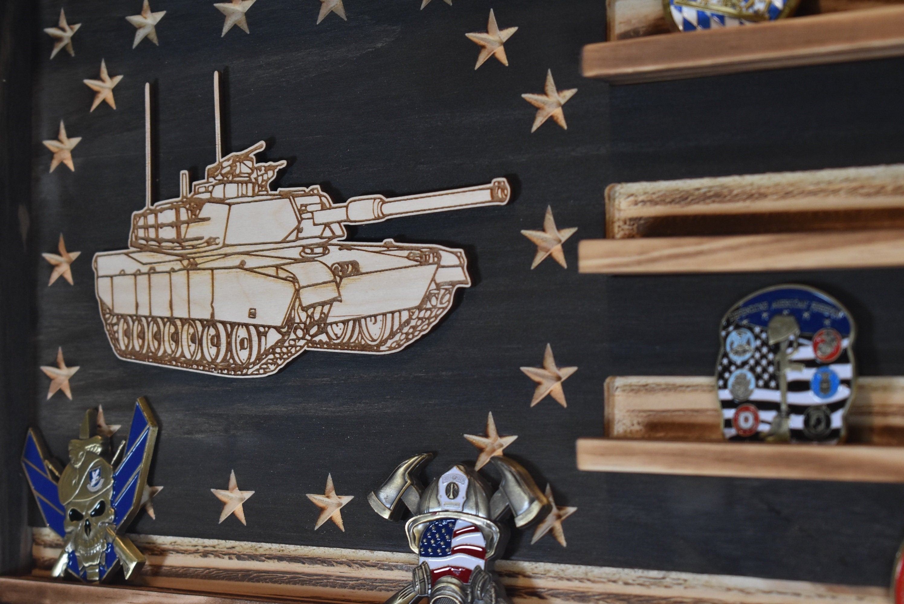 US Army Bradley BFV Challenge Coin Display Rack Holder - Rustic Army American Flag - Bradley Fighting Vehicle