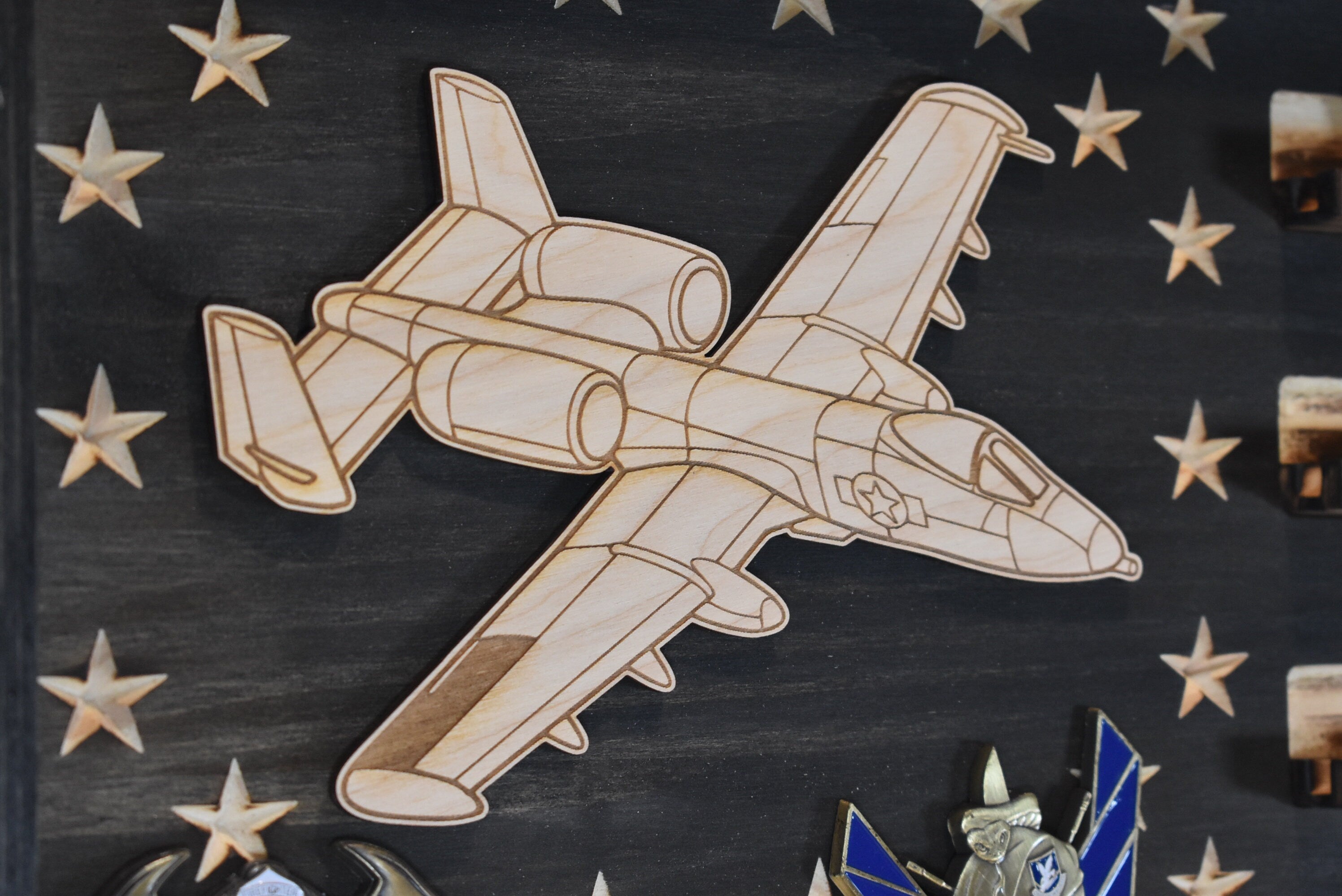 US Air Force A-10 Warthog Challenge Coin Display Rack Holder - Rustic American Flag - A-10 Thunderbolt II Military Coin Display