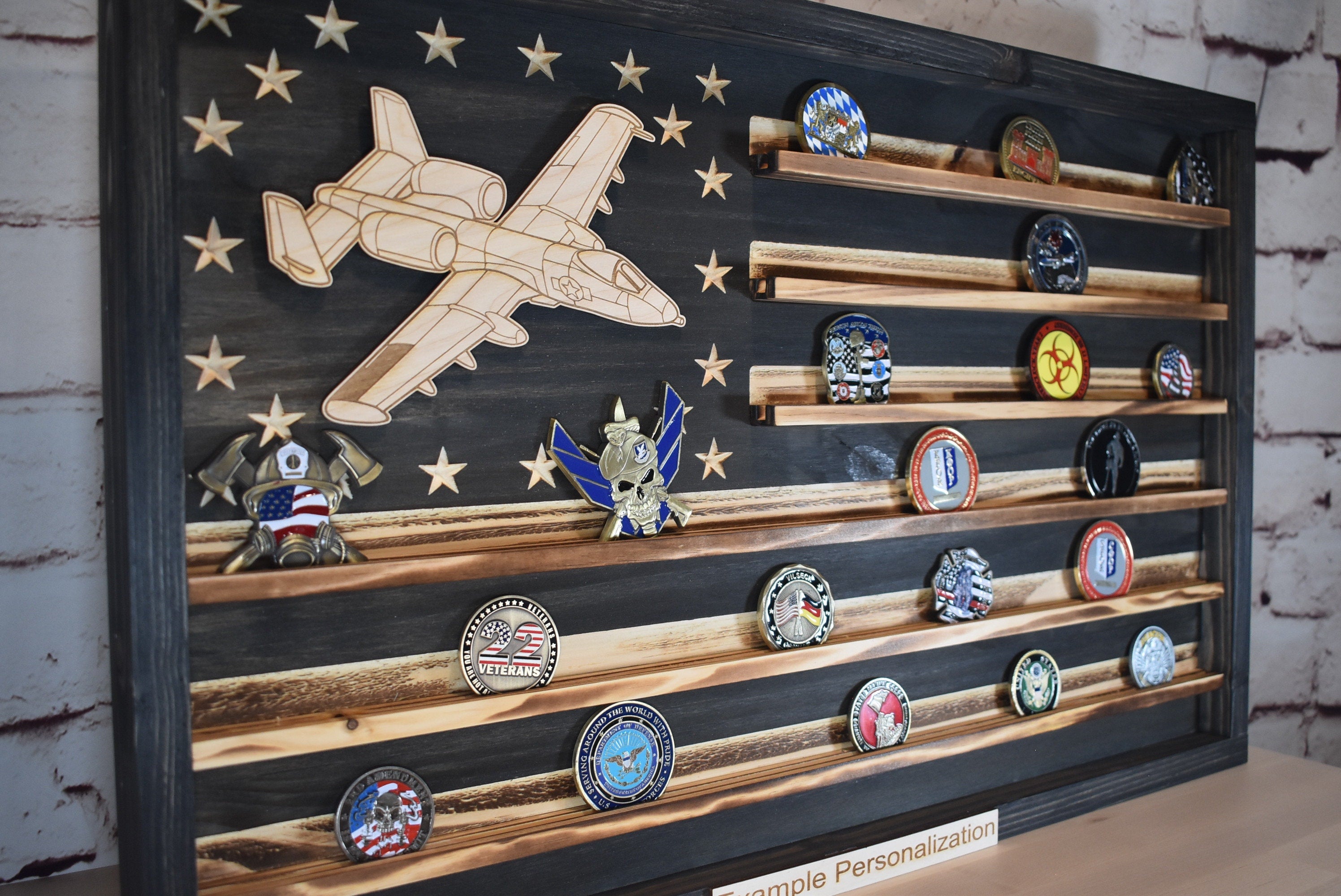 US Air Force A-10 Warthog Challenge Coin Display Rack Holder - Rustic American Flag - A-10 Thunderbolt II Military Coin Display