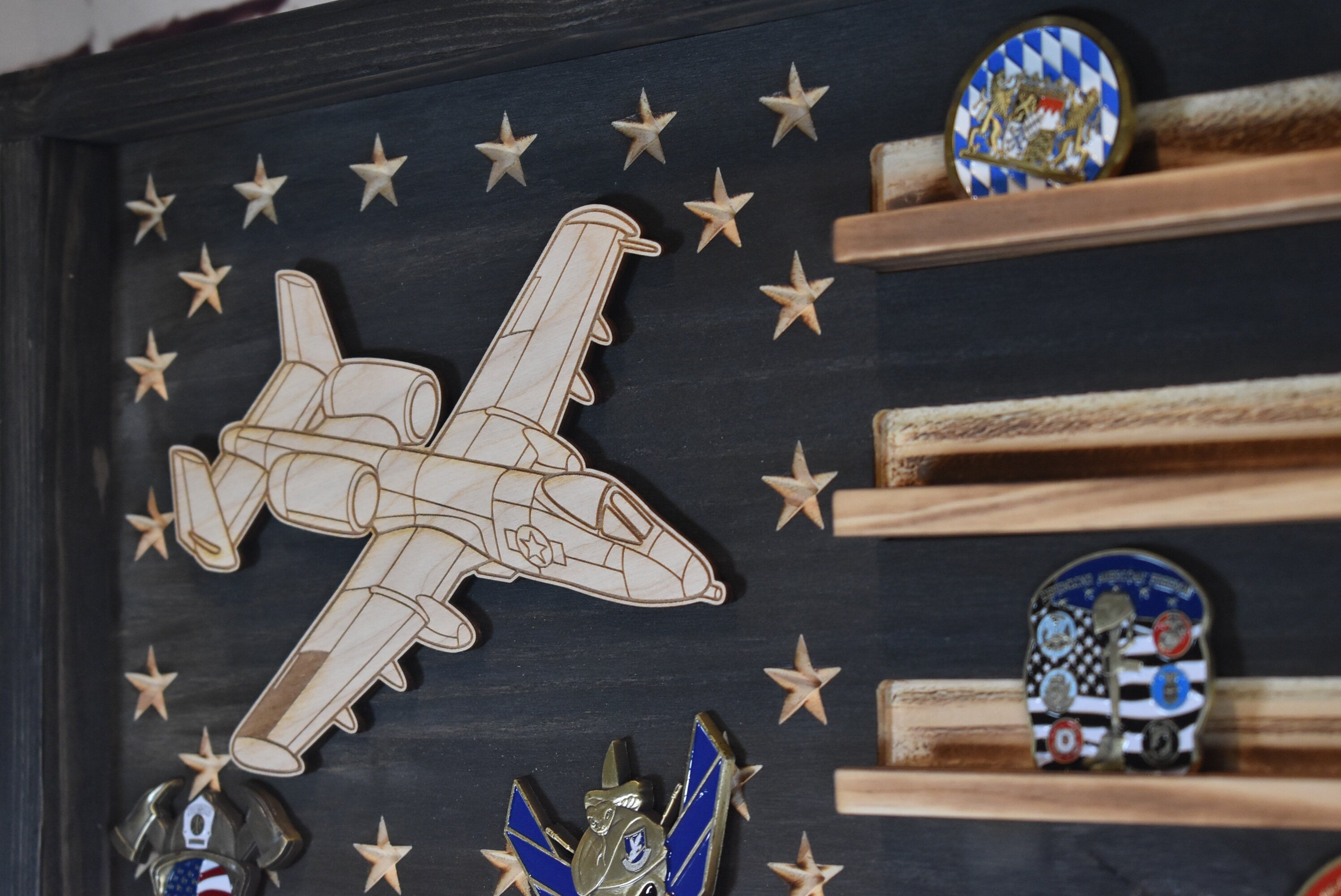 US Air Force A-10 Warthog Challenge Coin Display Rack Holder - Rustic American Flag - A-10 Thunderbolt II Military Coin Display