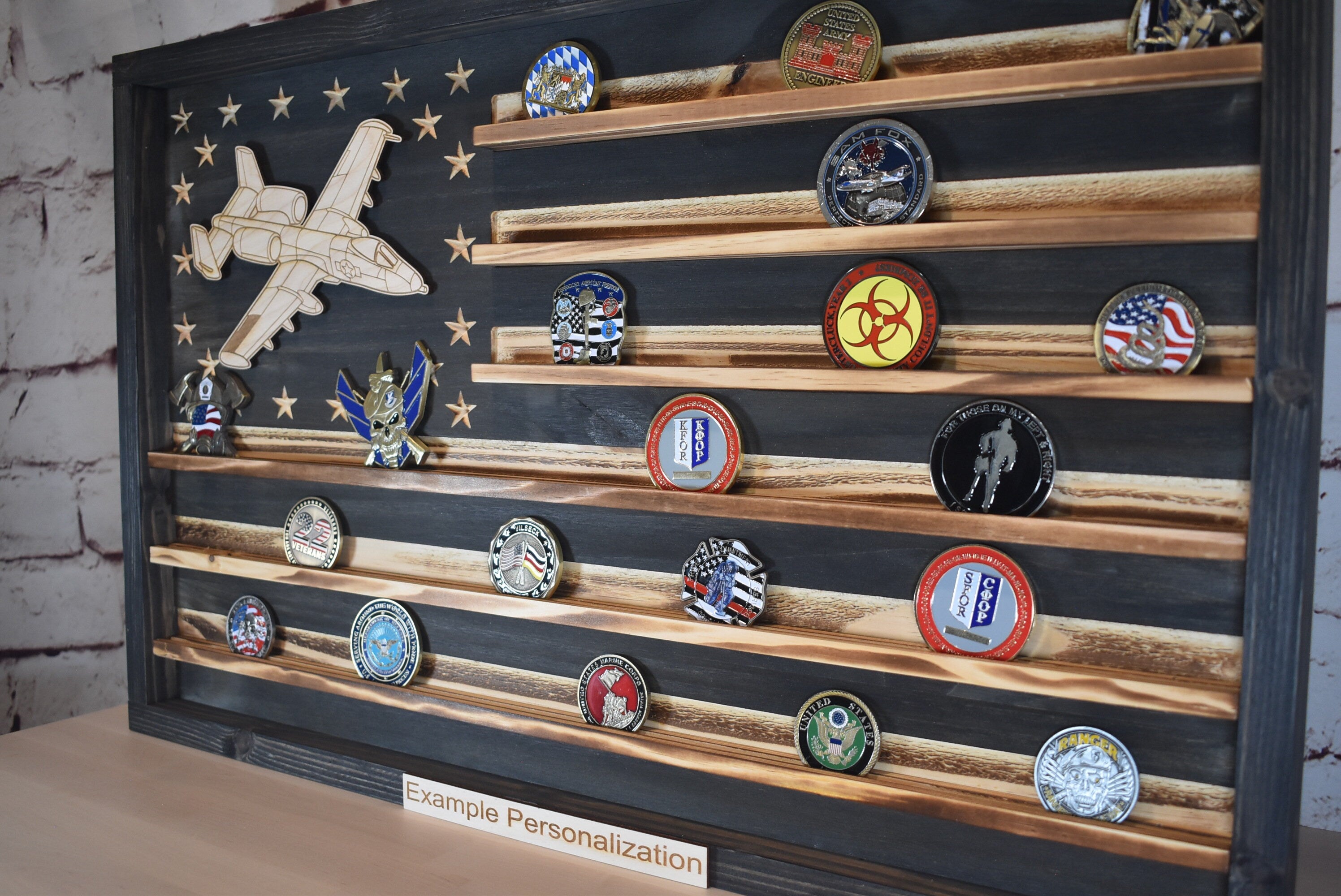 US Air Force A-10 Warthog Challenge Coin Display Rack Holder - Rustic American Flag - A-10 Thunderbolt II Military Coin Display