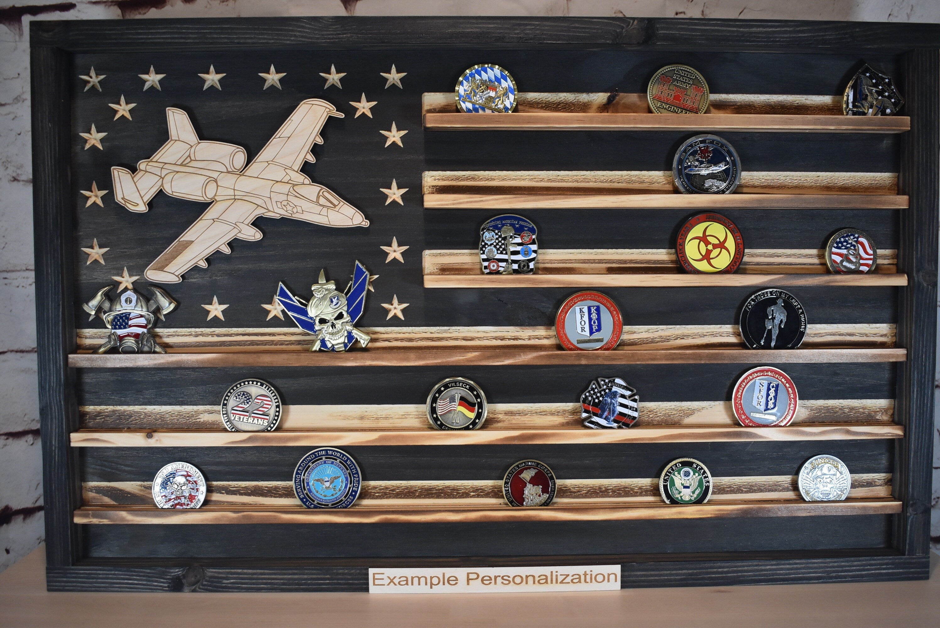 US Air Force A-10 Warthog Challenge Coin Display Rack Holder - Rustic American Flag - A-10 Thunderbolt II Military Coin Display