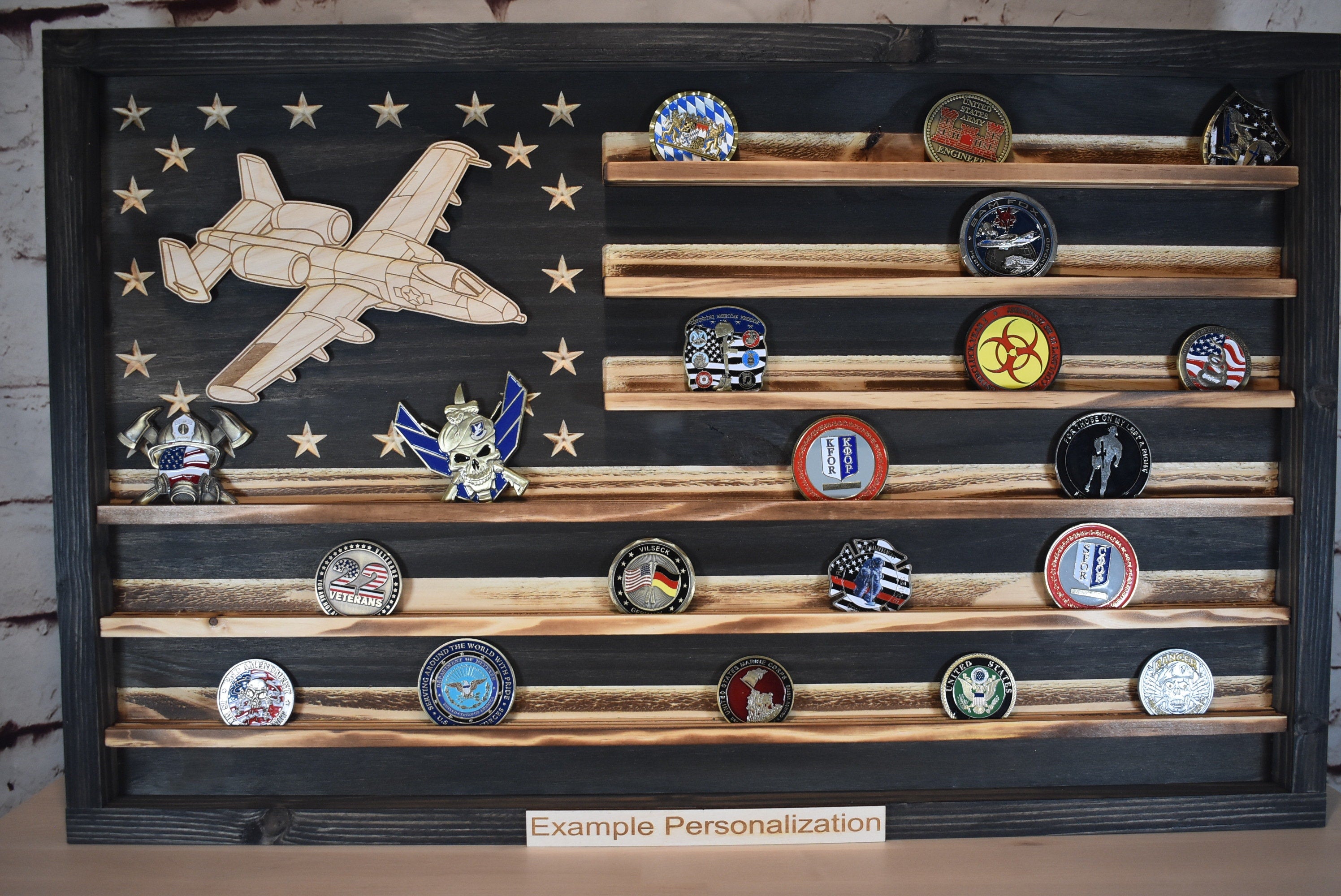 US Air Force A-10 Warthog Challenge Coin Display Rack Holder - Rustic American Flag - A-10 Thunderbolt II Military Coin Display