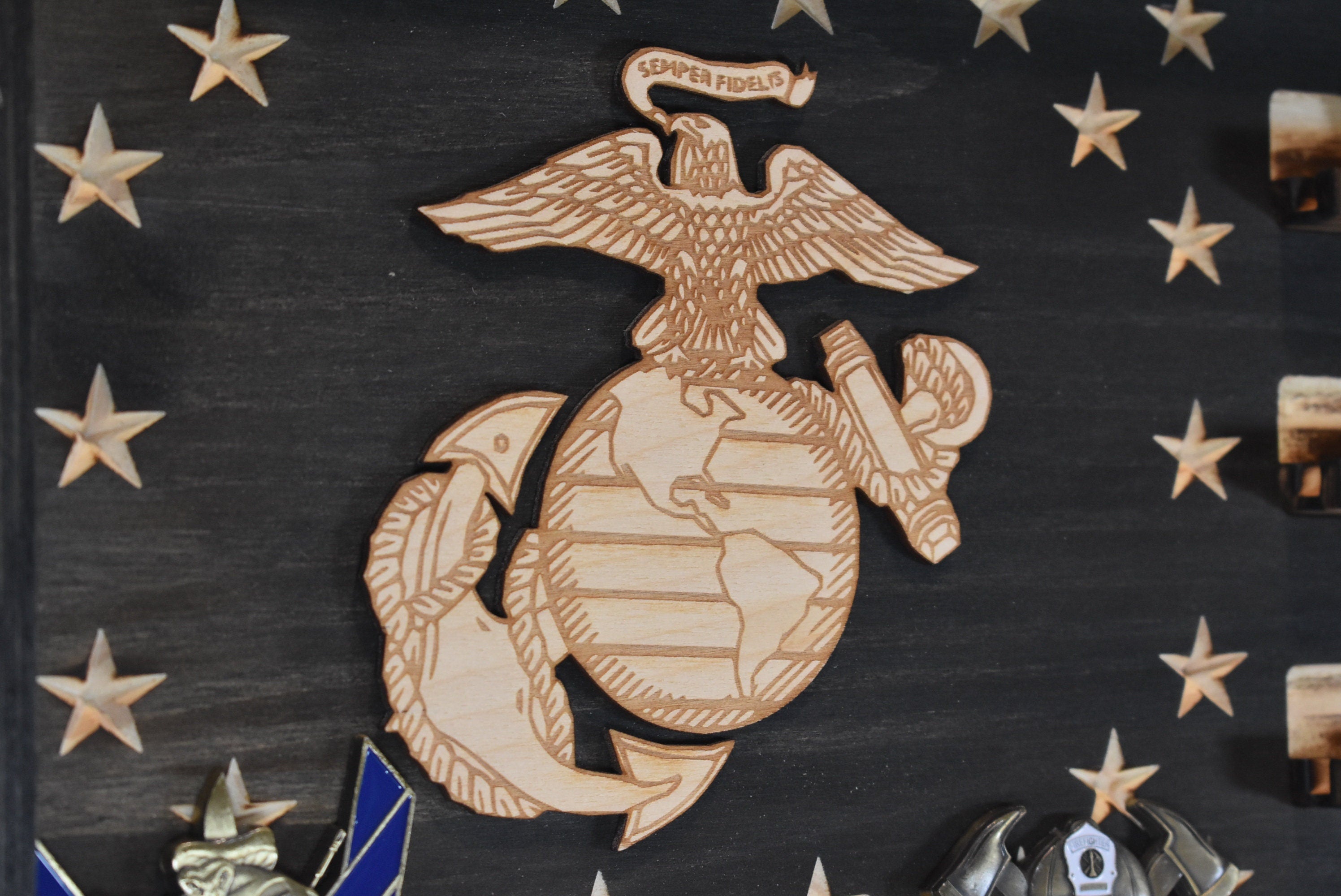 Marines Challenge Coin Display Rack Holder - Rustic Marines American Flag - Military Coin Display - Semper Fi