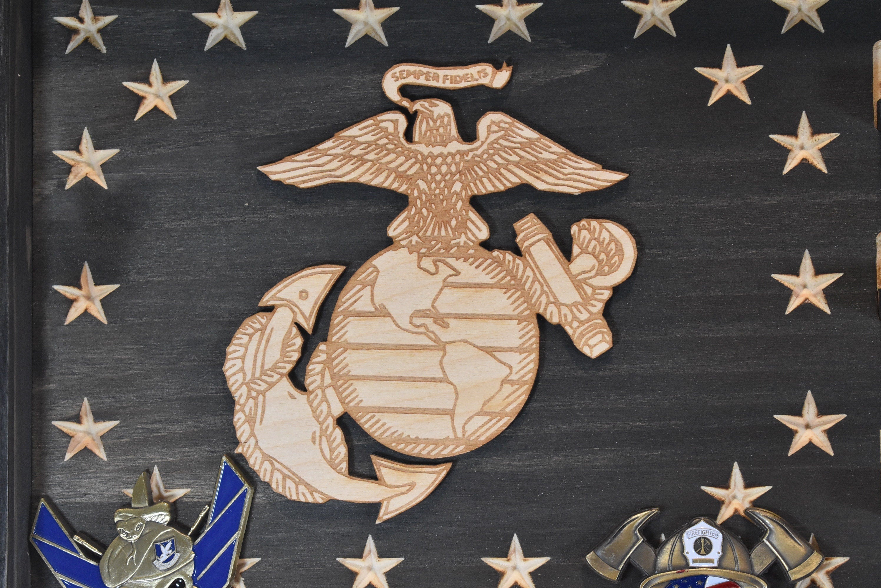 Marines Challenge Coin Display Rack Holder - Rustic Marines American Flag - Military Coin Display - Semper Fi