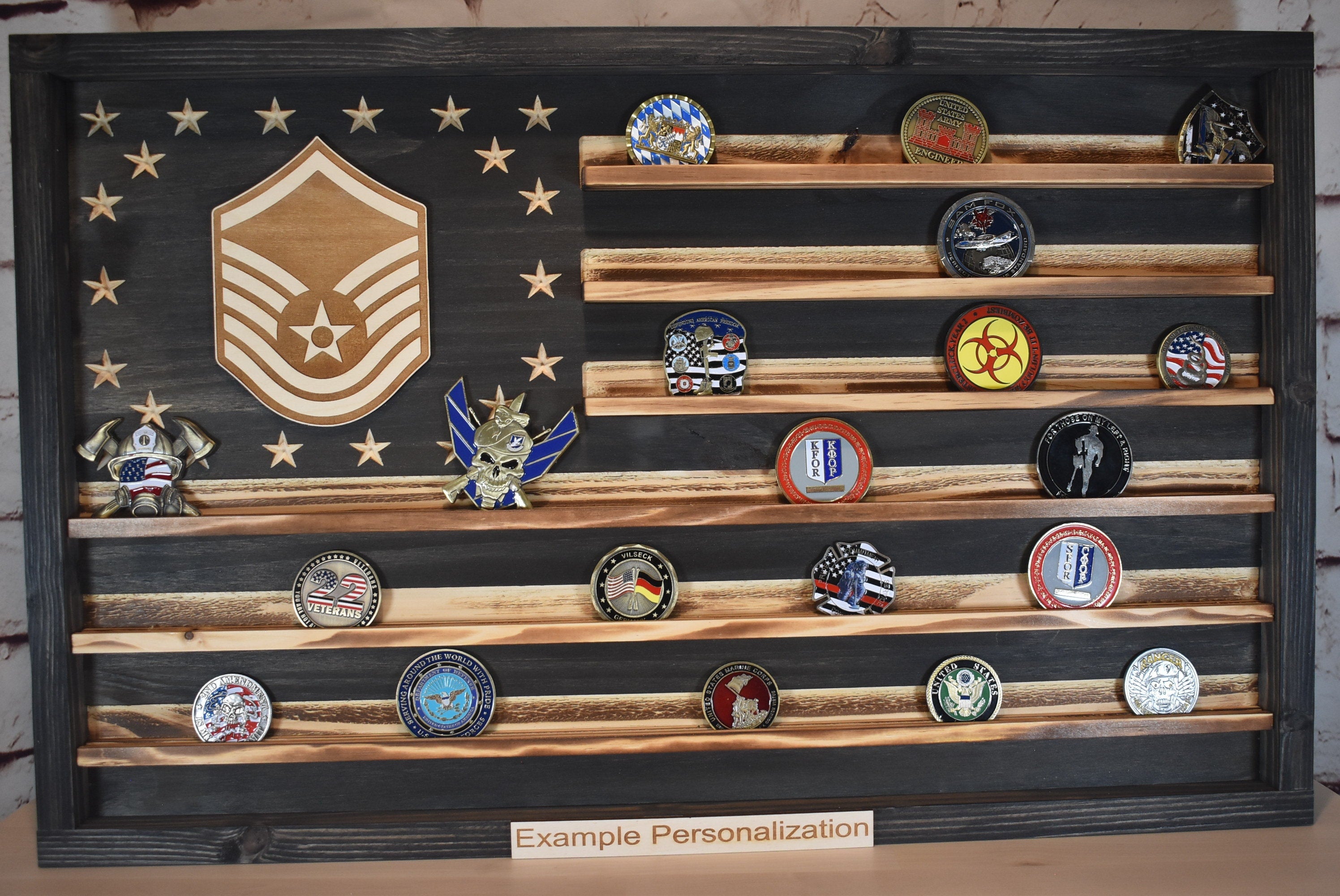 US Air Force Ranks Challenge Coin Display Rack Holder - Rustic American Flag -  TSgt, SMSgt, MSgt