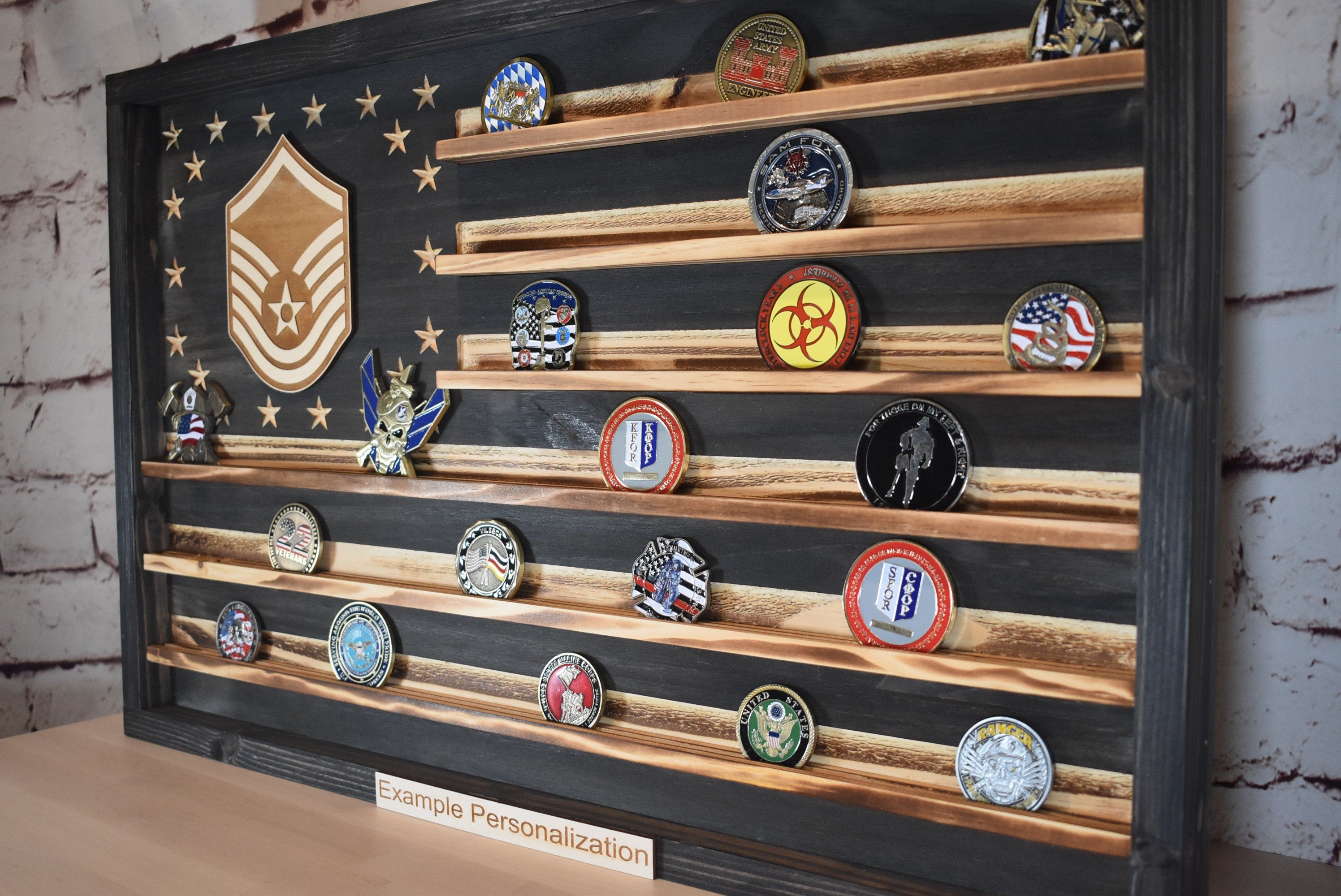 US Air Force Ranks Challenge Coin Display Rack Holder - Rustic American Flag -  TSgt, SMSgt, MSgt