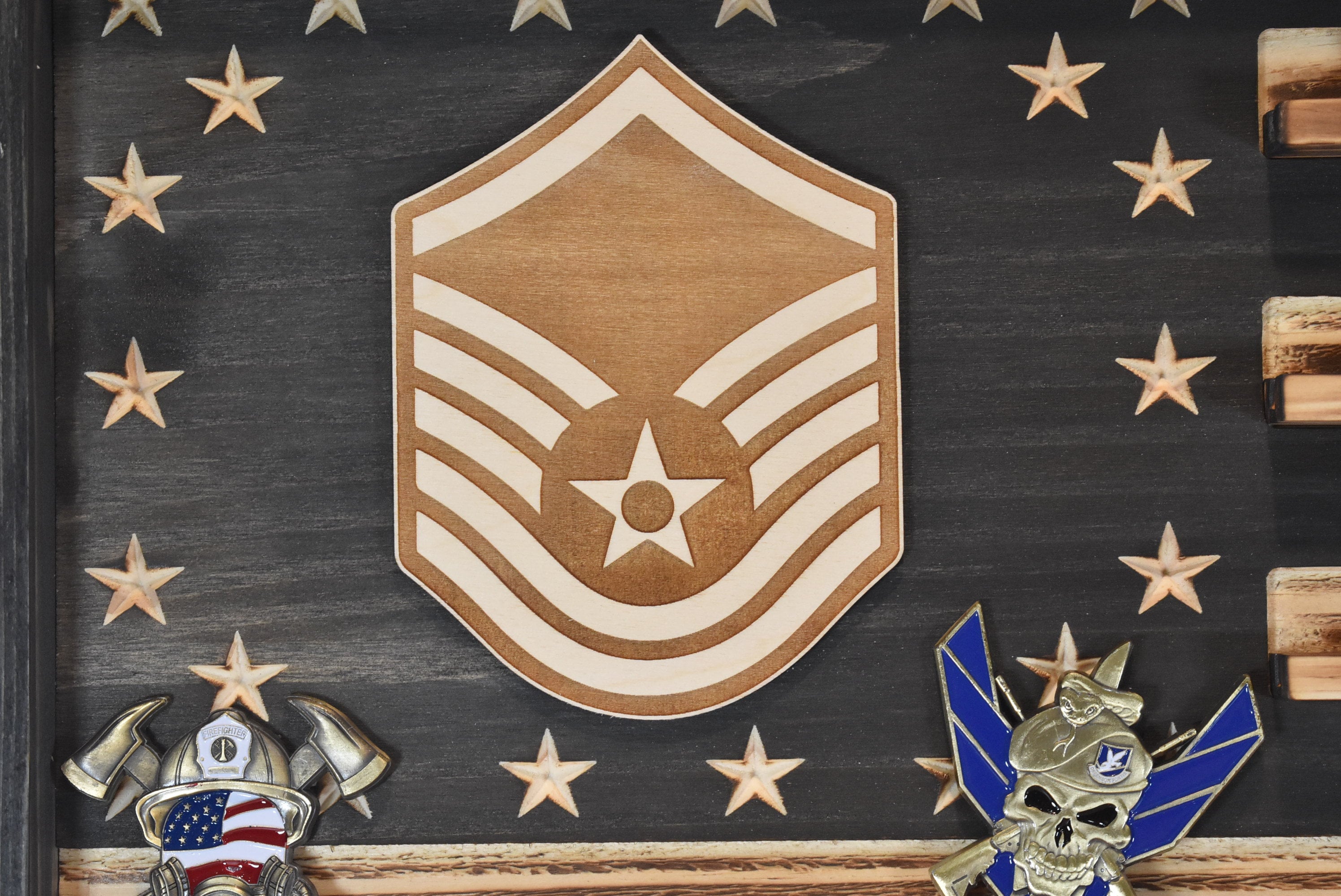 US Air Force Ranks Challenge Coin Display Rack Holder - Rustic American Flag -  TSgt, SMSgt, MSgt