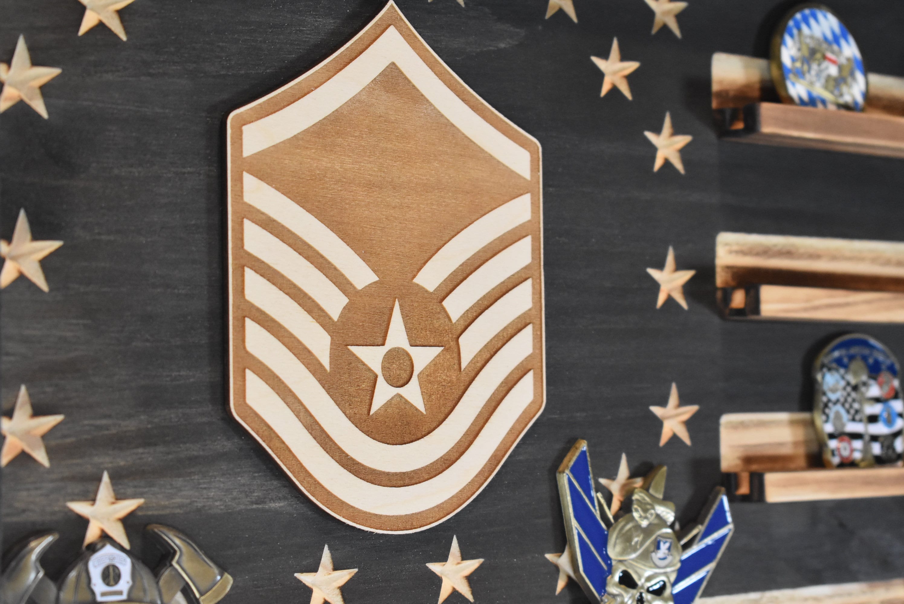 US Air Force Ranks Challenge Coin Display Rack Holder - Rustic American Flag -  TSgt, SMSgt, MSgt