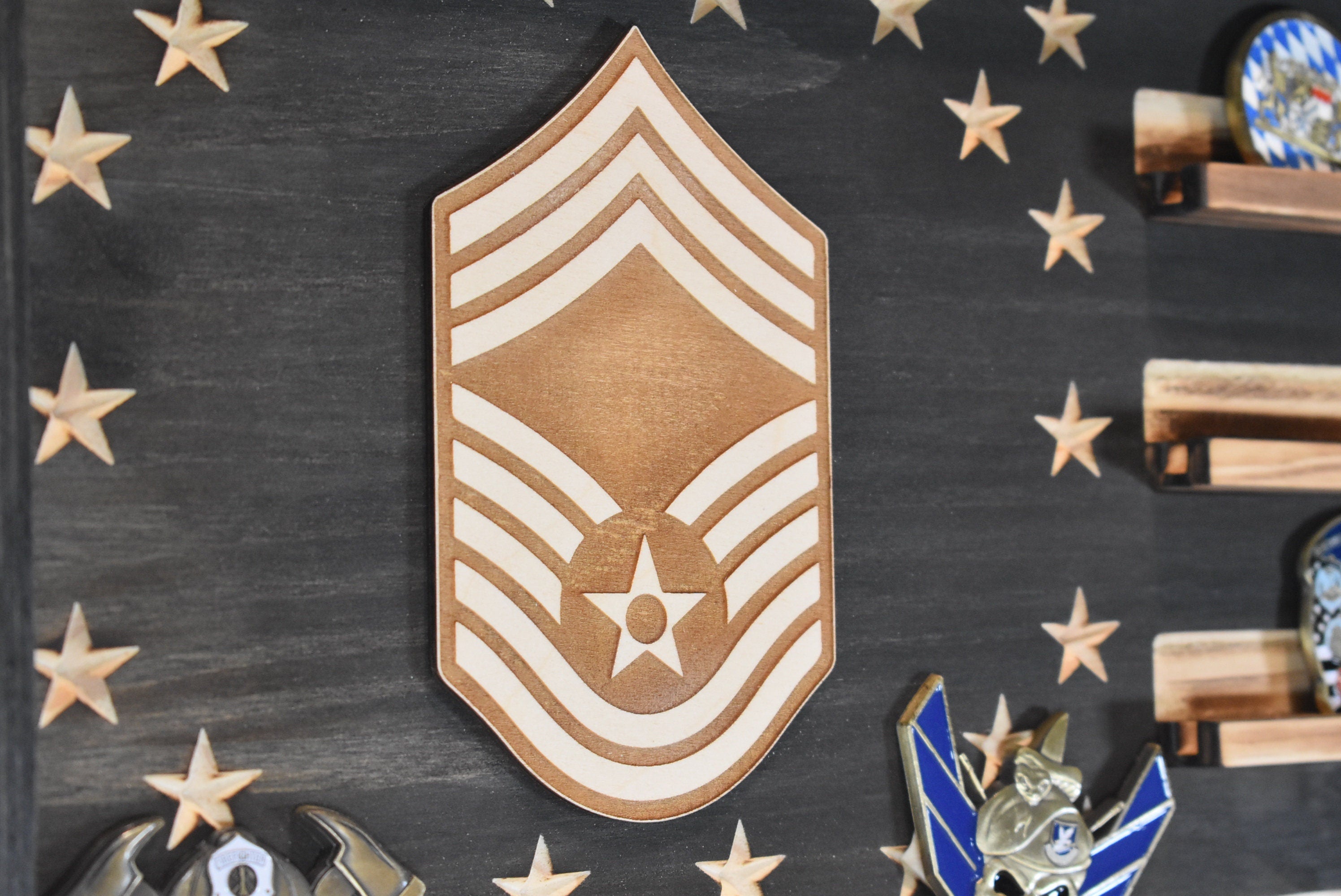 US Air Force Ranks CMSgt E-9 Challenge Coin Display Rack Holder - Rustic American Flag -  TSgt, SMSgt, MSgt