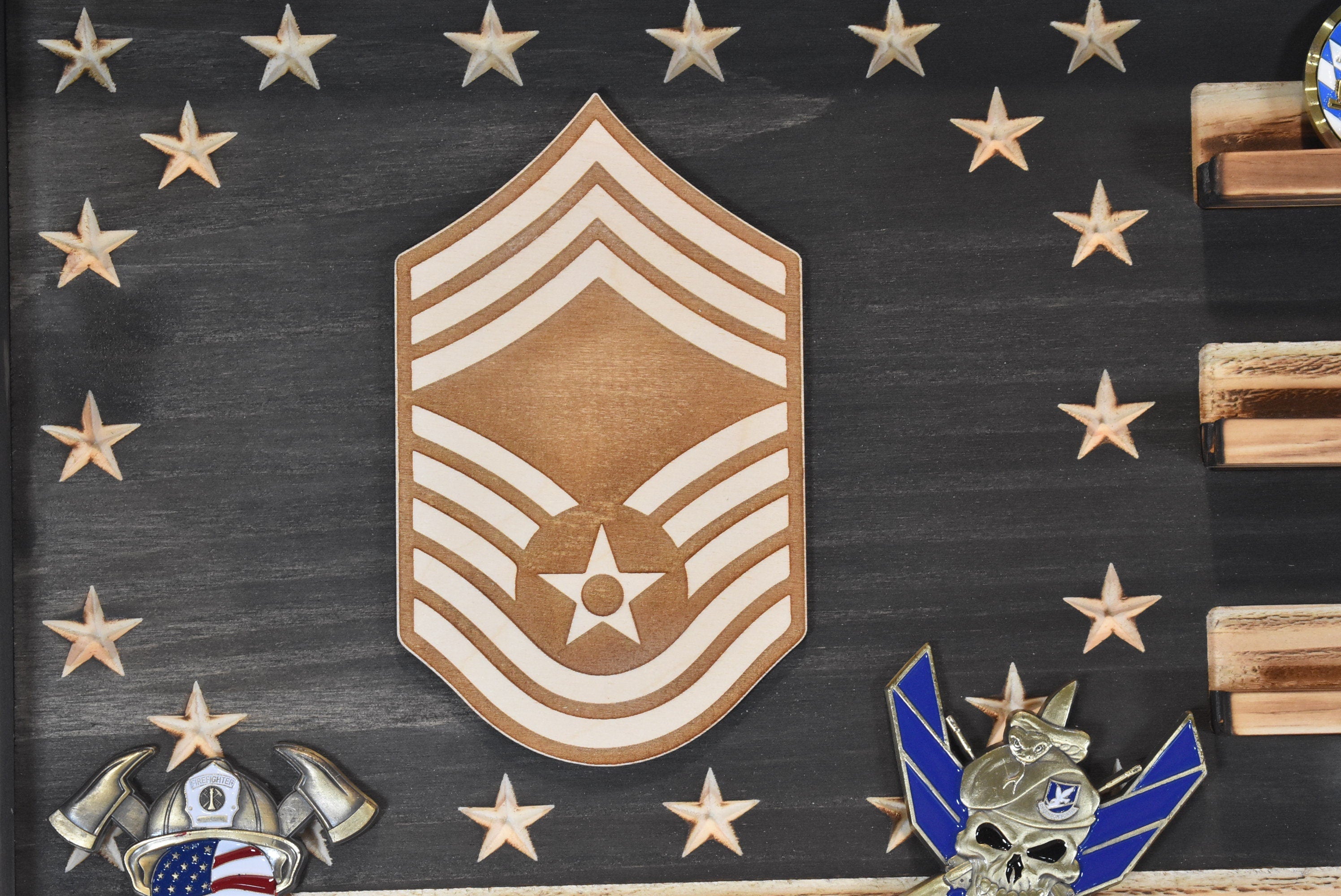 US Air Force Ranks CMSgt E-9 Challenge Coin Display Rack Holder - Rustic American Flag -  TSgt, SMSgt, MSgt