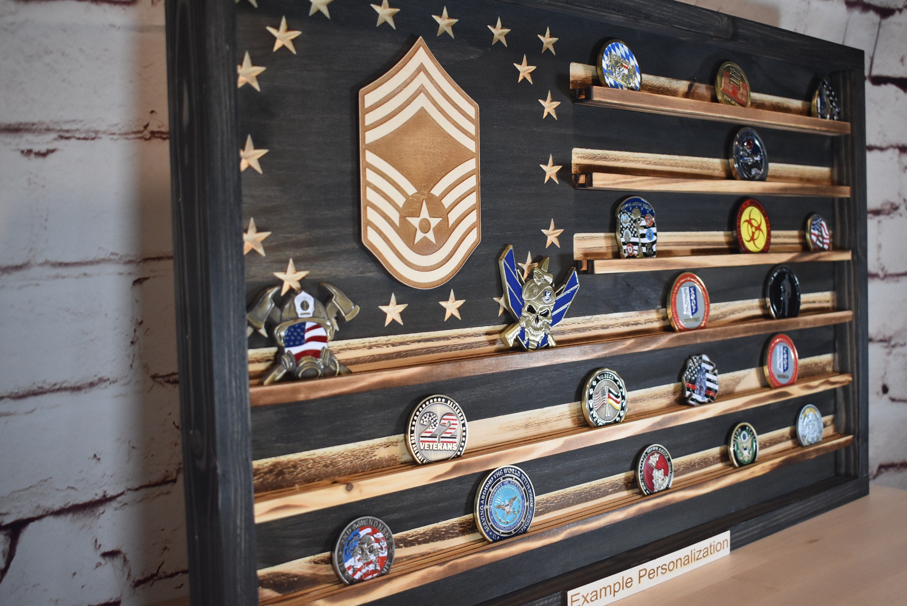 US Air Force Ranks CMSgt E-9 Challenge Coin Display Rack Holder - Rustic American Flag -  TSgt, SMSgt, MSgt