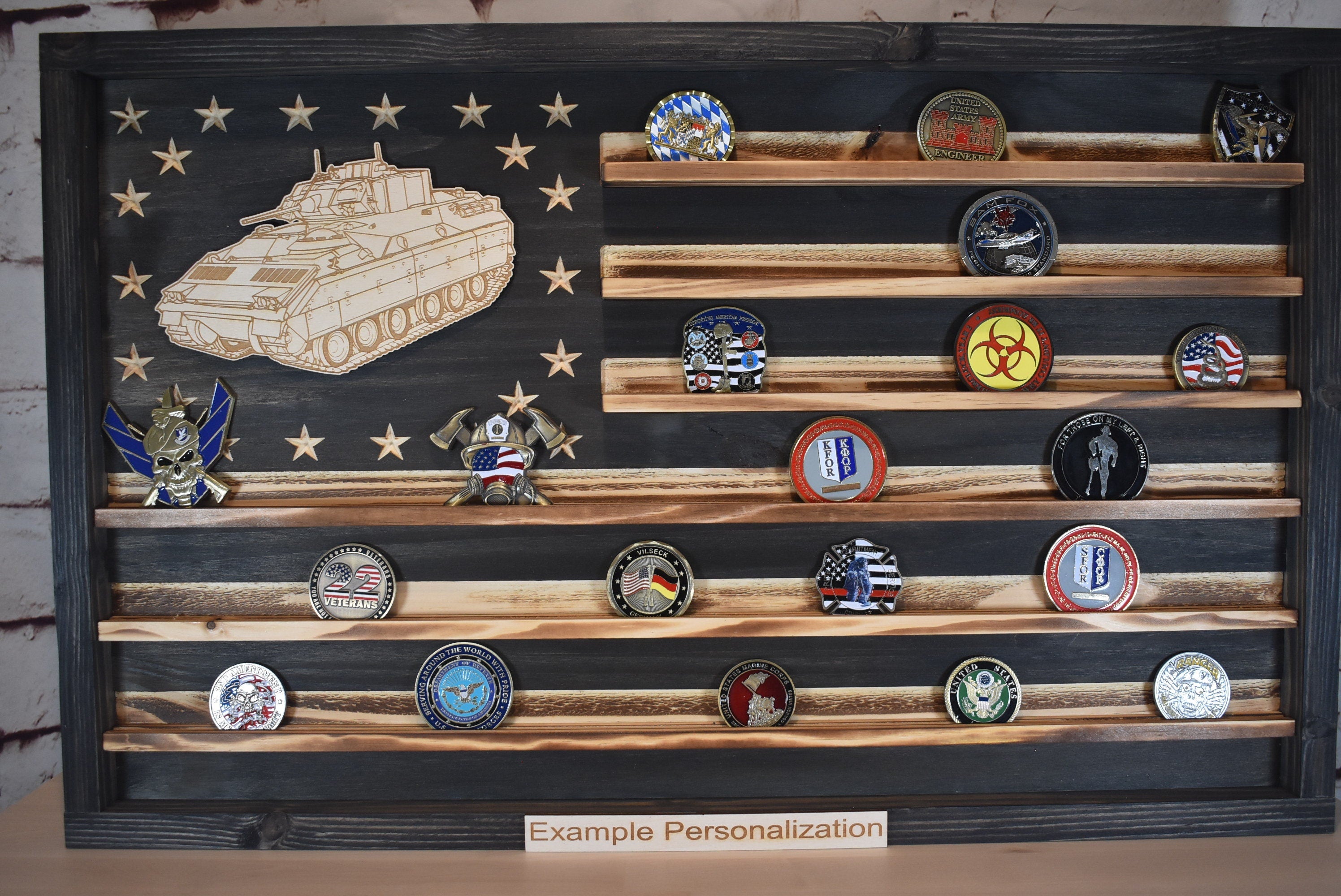 US Army Bradley BFV Challenge Coin Display Rack Holder - Rustic Army American Flag - Bradley Fighting Vehicle