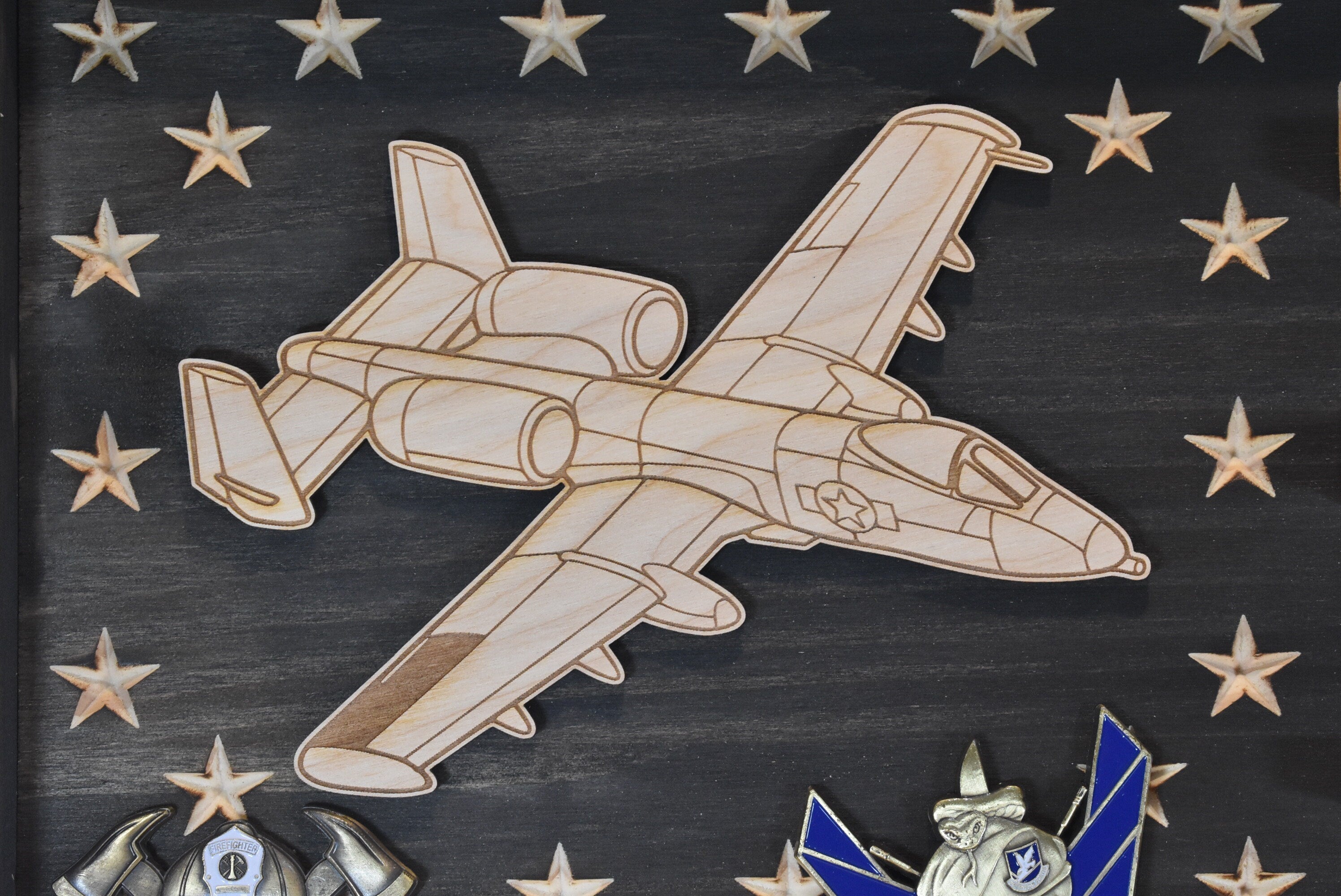 US Air Force A-10 Warthog Challenge Coin Display Rack Holder - Rustic American Flag - A-10 Thunderbolt II Military Coin Display