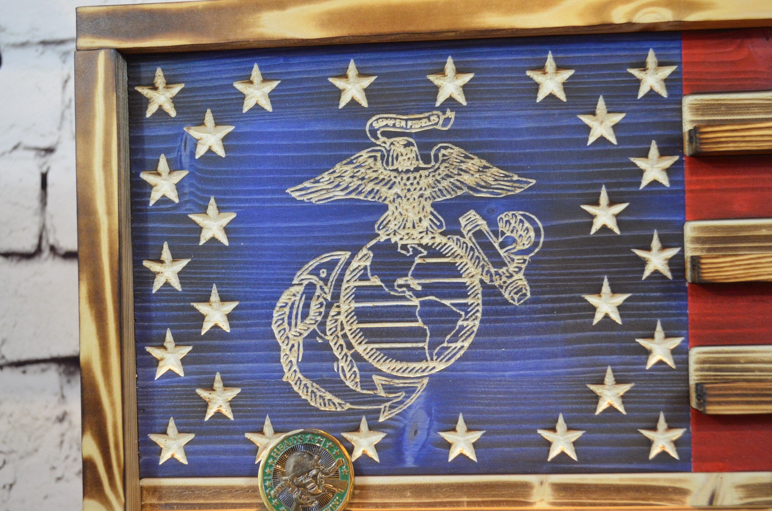 US Marines Challenge Coin Display Rack Holder - Rustic Marines American Flag - Military Coin Display - Semper Fi