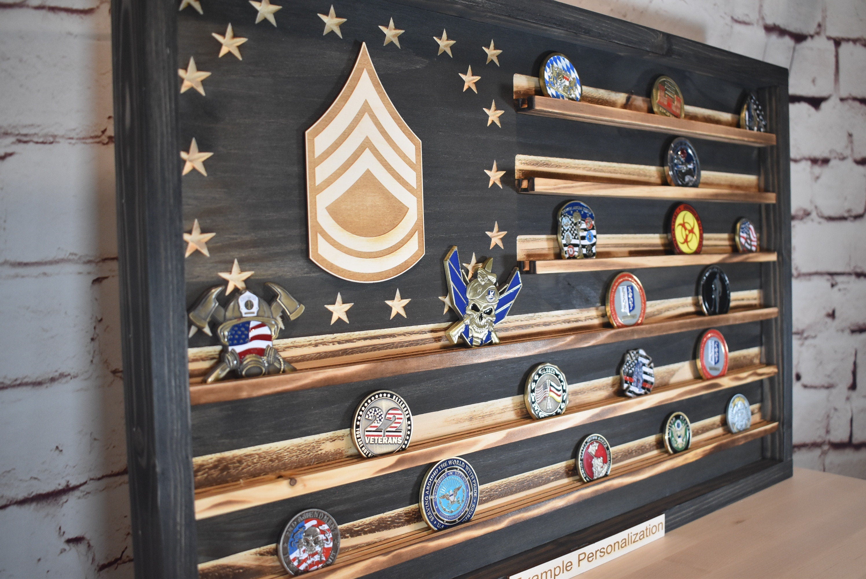 US Army Ranks Challenge Coin Display Rack Holder - Rustic American Flag -  SGT, SSG, E-7, E8
