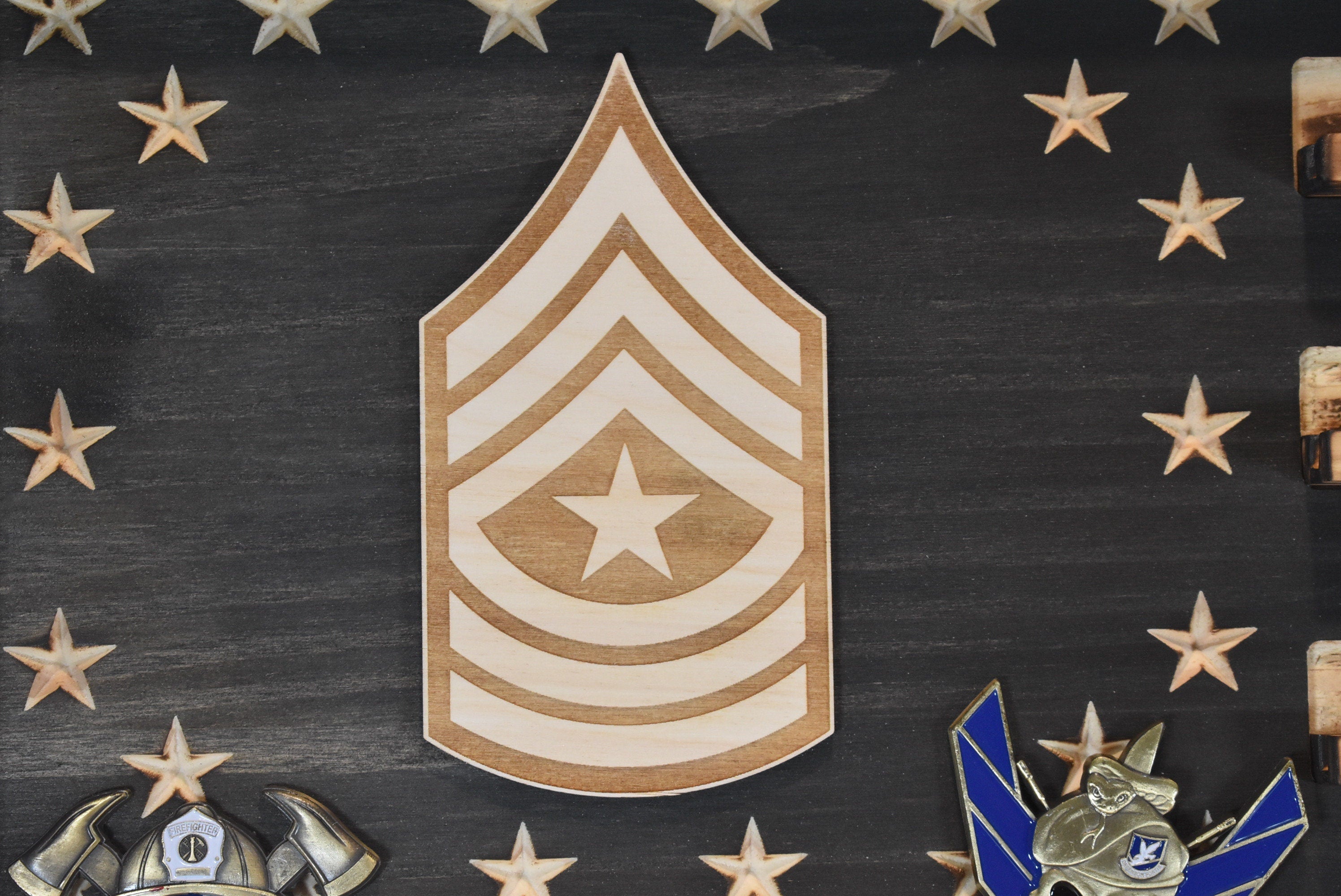 US Army Ranks Challenge Coin Display Rack Holder - Rustic American Flag -  SGT, SSG, E-7, E8
