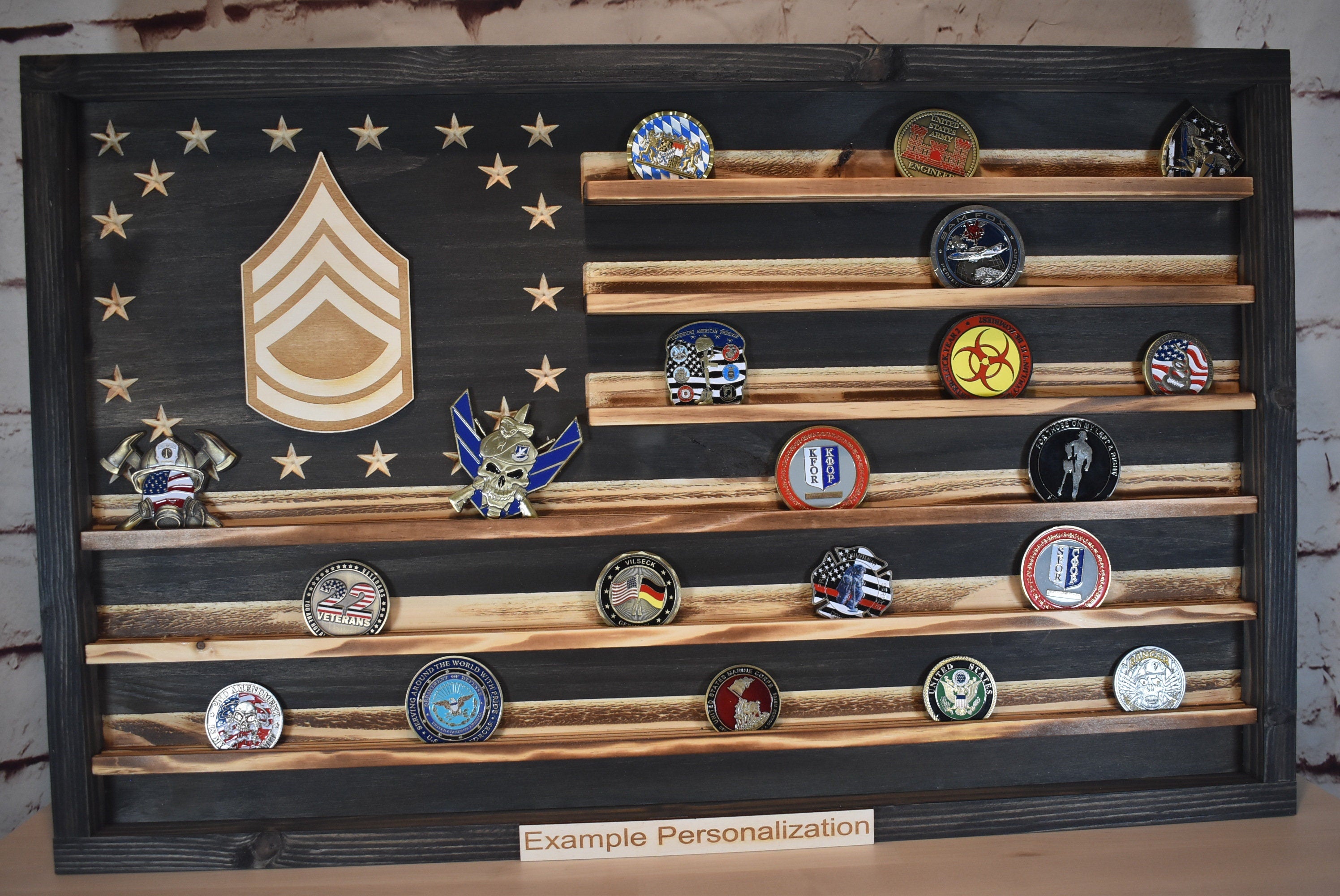 US Army Ranks Challenge Coin Display Rack Holder - Rustic American Flag -  SGT, SSG, E-7, E8