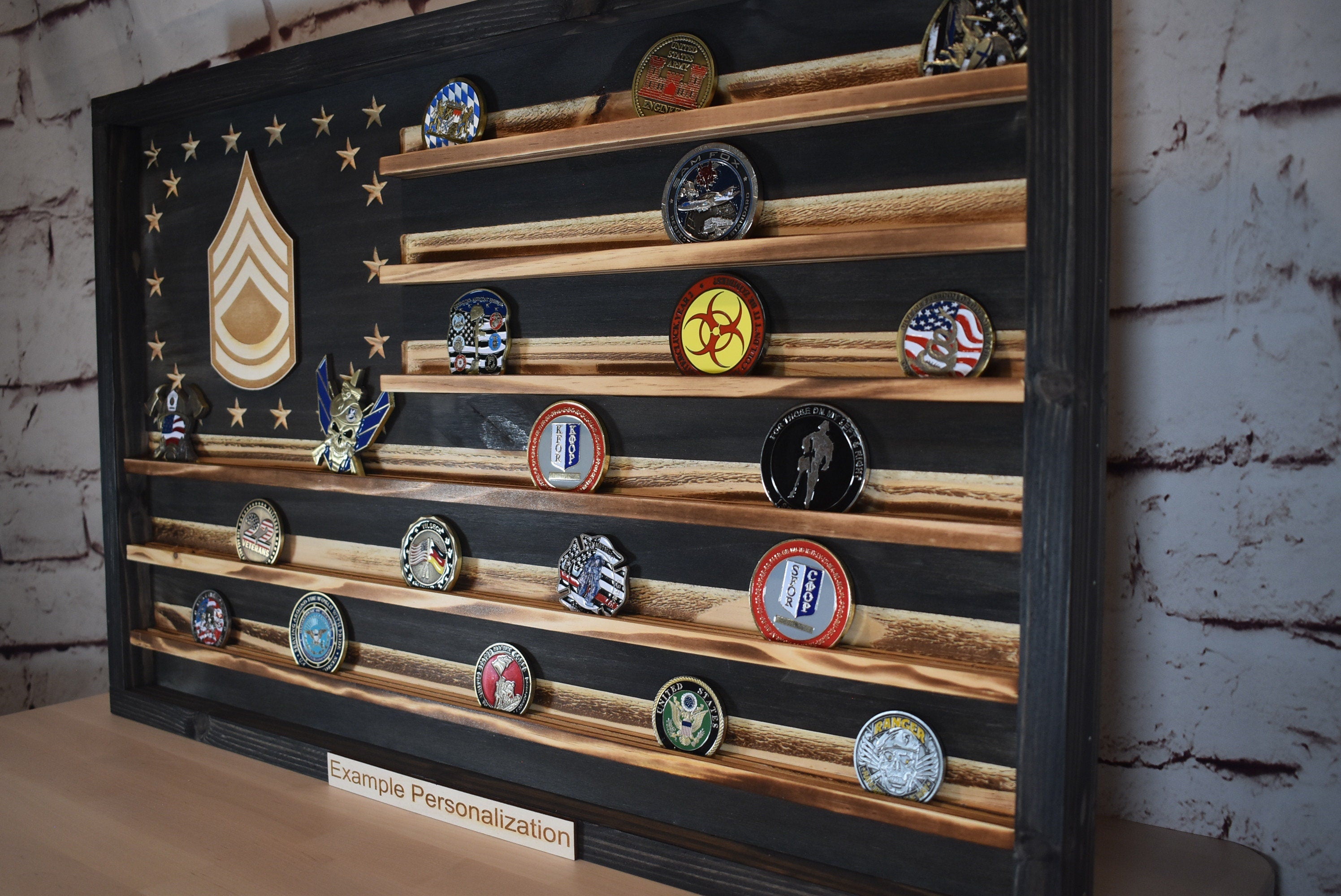 US Army Ranks Challenge Coin Display Rack Holder - Rustic American Flag -  SGT, SSG, E-7, E8