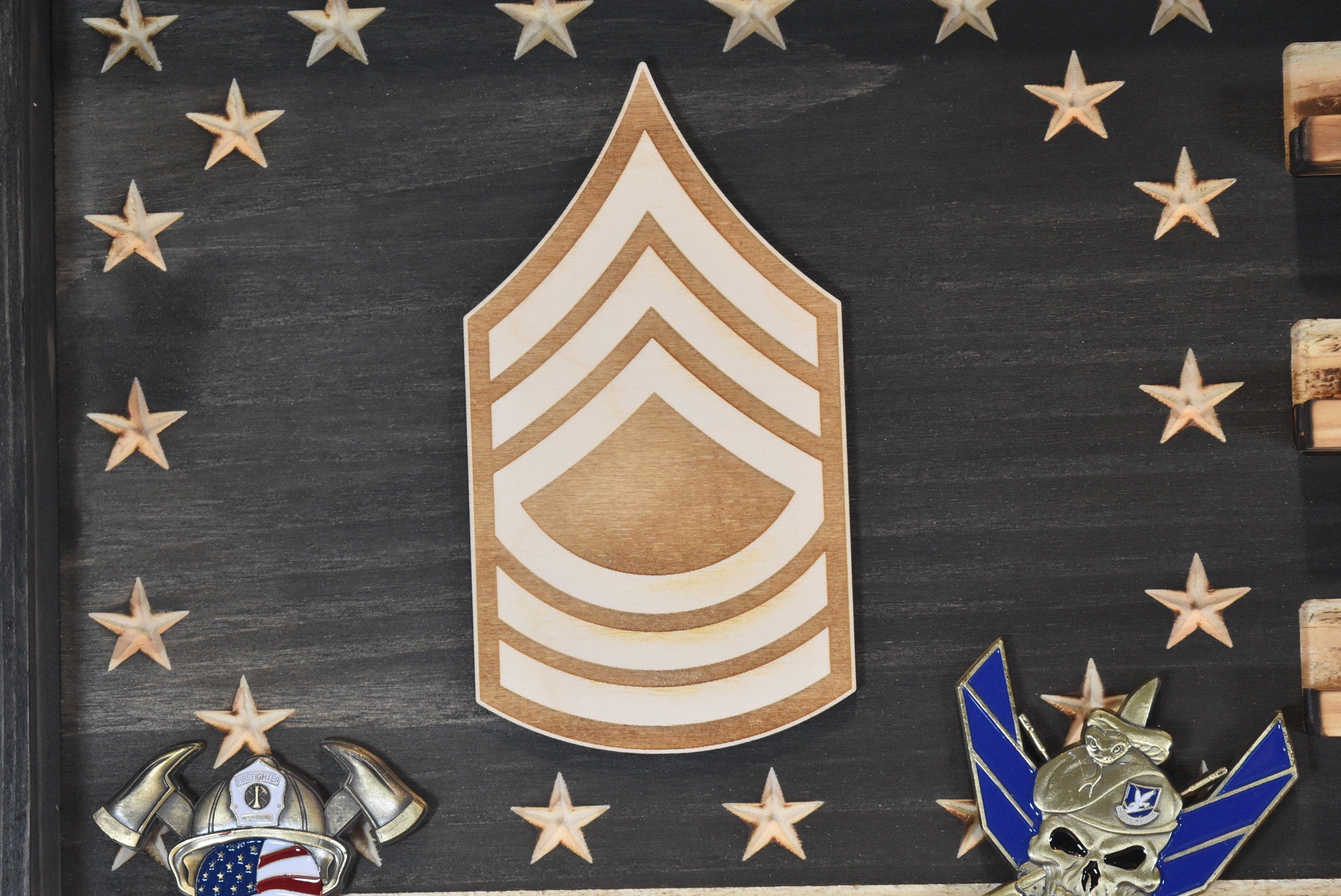 US Army Ranks Challenge Coin Display Rack Holder - Rustic American Flag -  SGT, SSG, E-7, E8