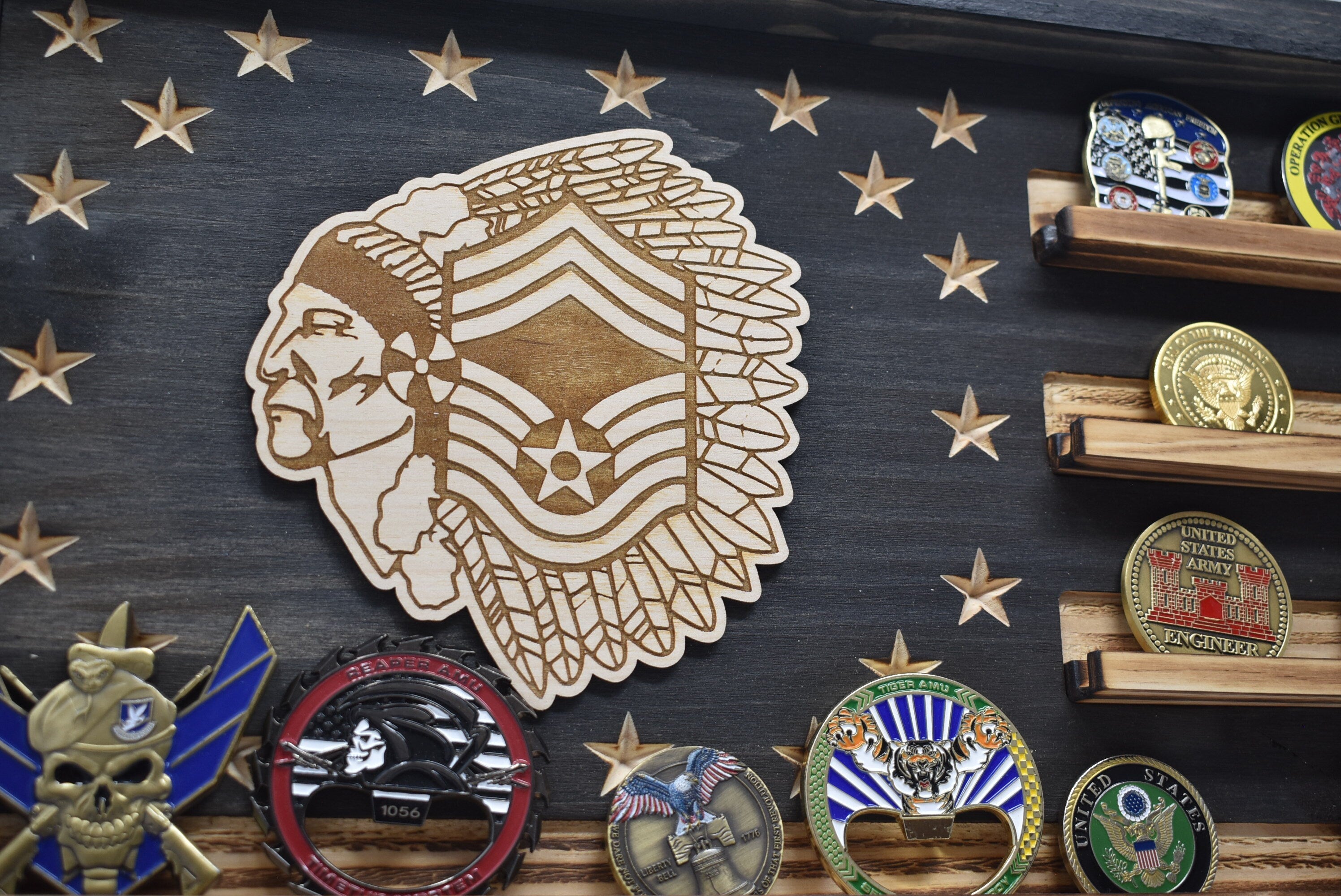 US Air Force Chief Master Sergeant Challenge Coin Display Rack Holder - Rustic American Flag - USAF CMSGT Military Coin Display
