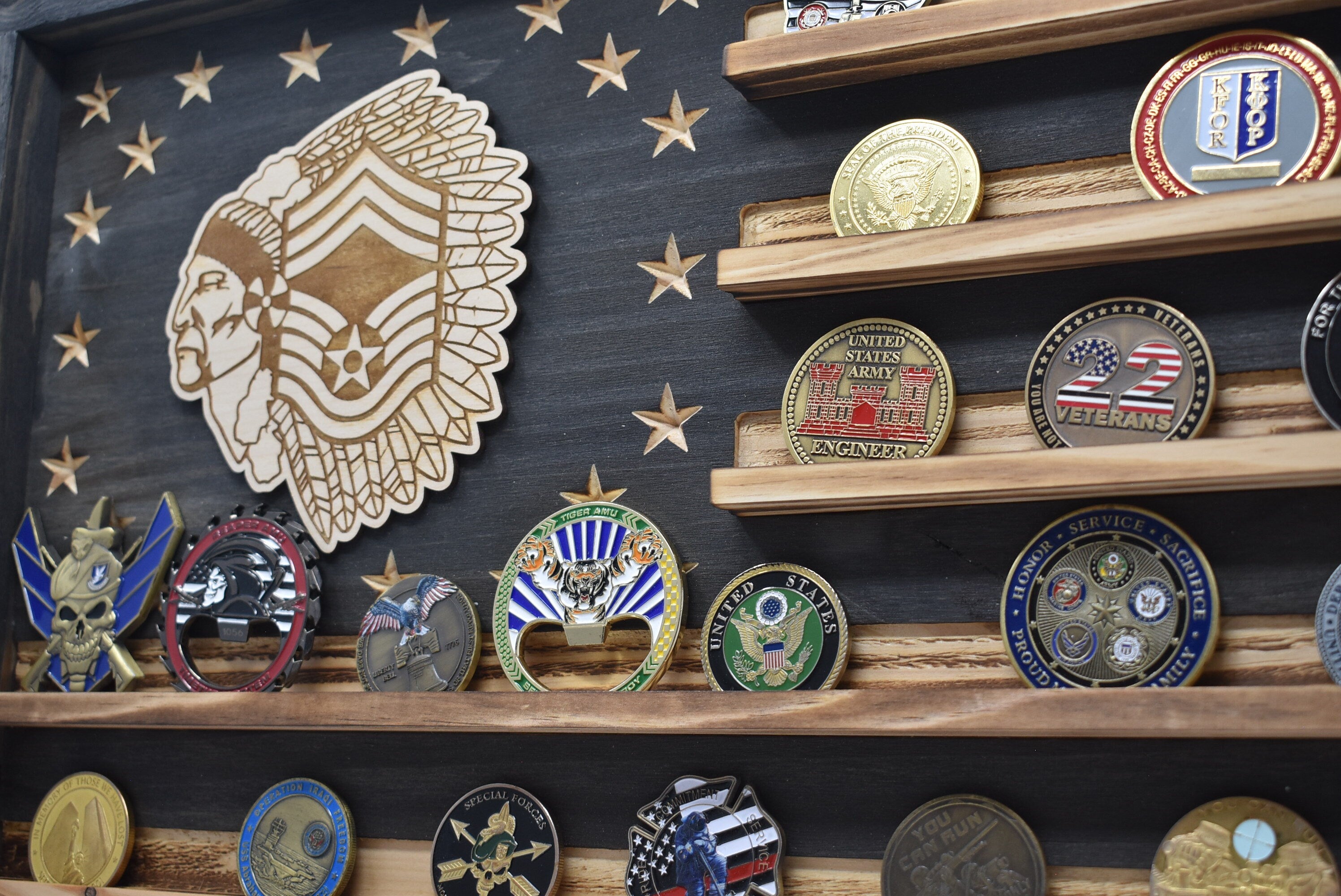 US Air Force Chief Master Sergeant Challenge Coin Display Rack Holder - Rustic American Flag - USAF CMSGT Military Coin Display