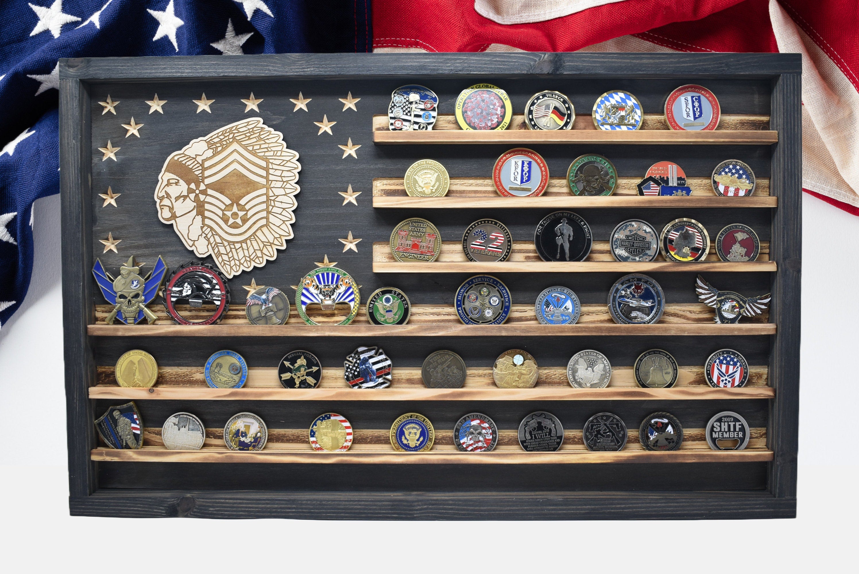 US Air Force Chief Master Sergeant Challenge Coin Display Rack Holder - Rustic American Flag - USAF CMSGT Military Coin Display