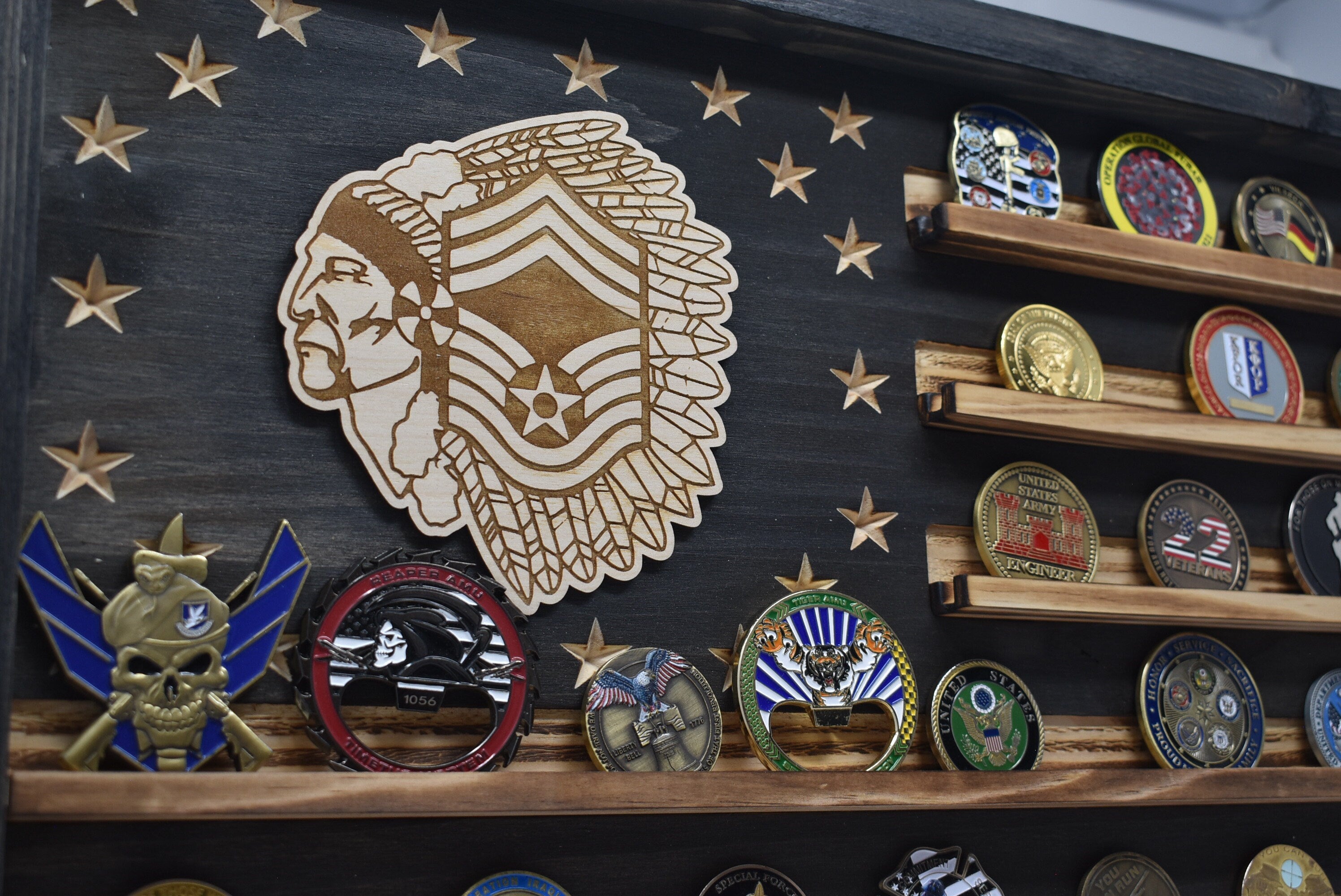 US Air Force Chief Master Sergeant Challenge Coin Display Rack Holder - Rustic American Flag - USAF CMSGT Military Coin Display