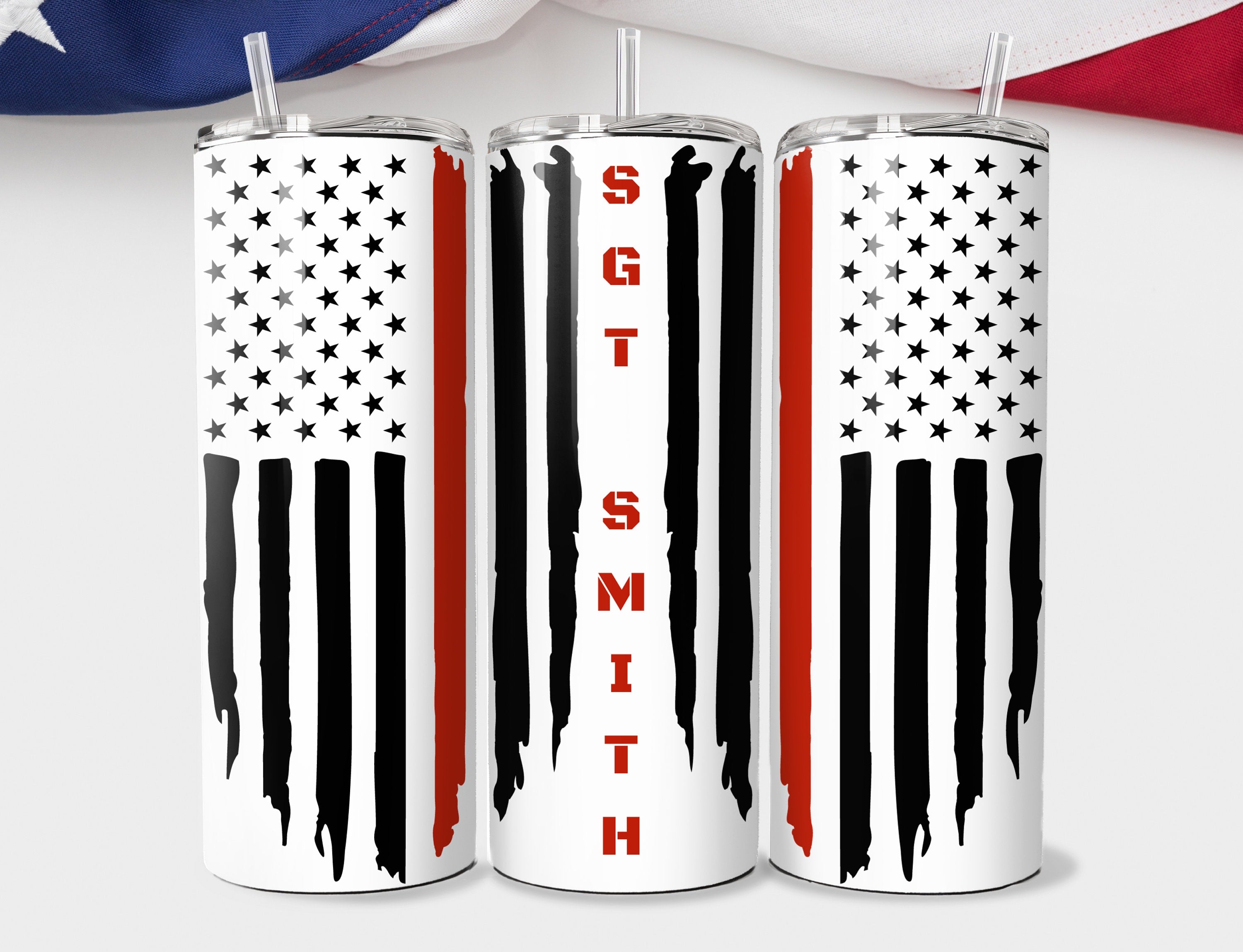 Personalized Thin Red Line 20oz Skinny Tumbler - Custom Fire Fighter Red Line Tumble - US Flag Fire and Rescue red Line Travel Mug Tumblers